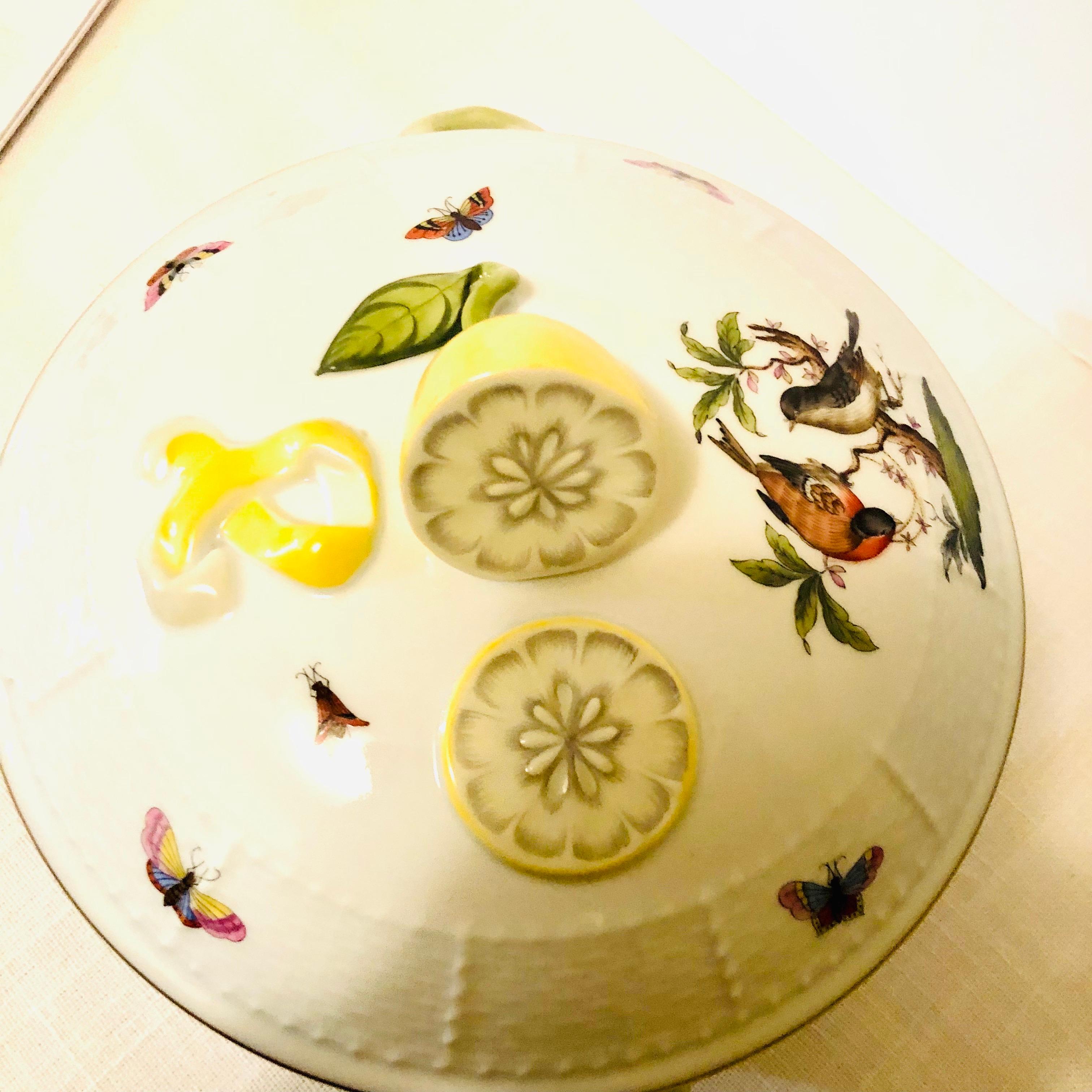Hungarian Hand Painted Herend Rothschild Bird Covered Bowl with a Raised Lemon on the Top