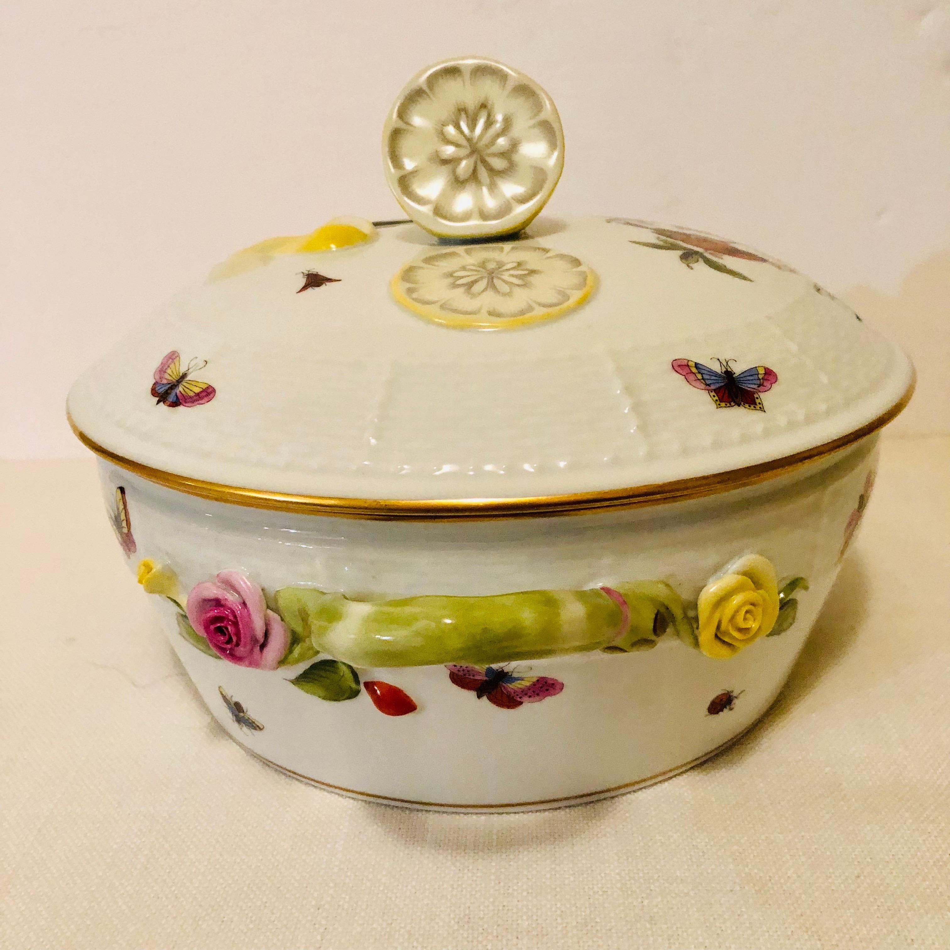 Hand-Painted Hand Painted Herend Rothschild Bird Covered Bowl with a Raised Lemon on the Top