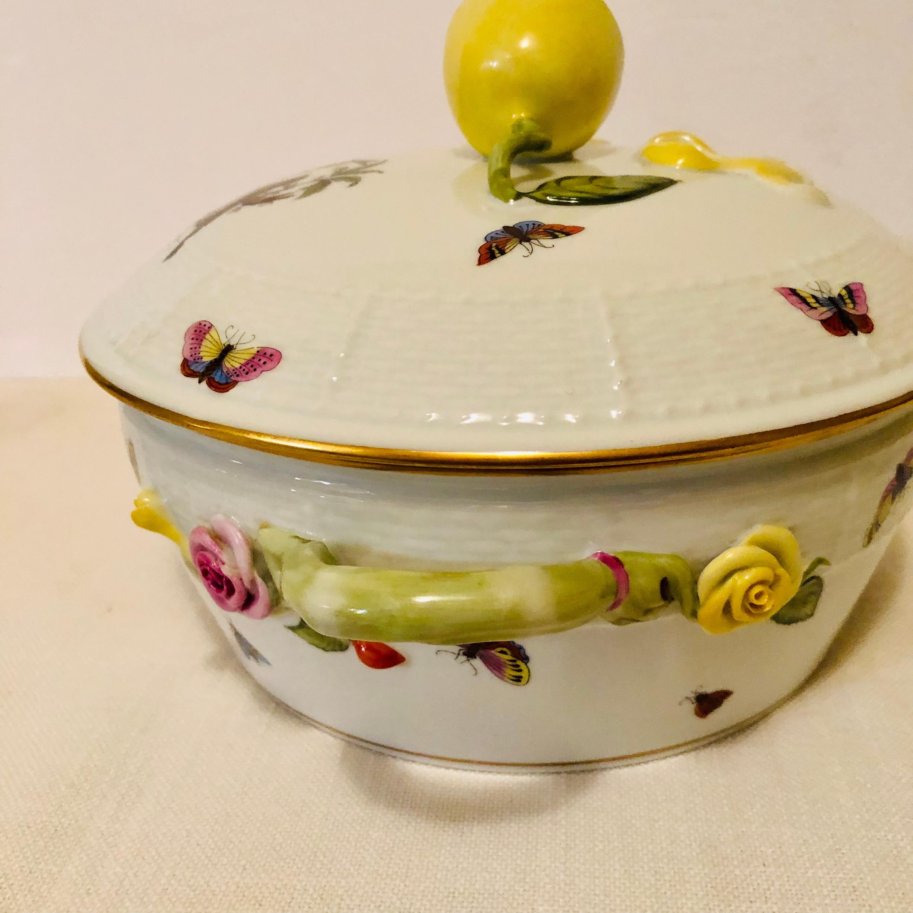 Hand Painted Herend Rothschild Bird Covered Bowl with a Raised Lemon on the Top In Good Condition In Boston, MA