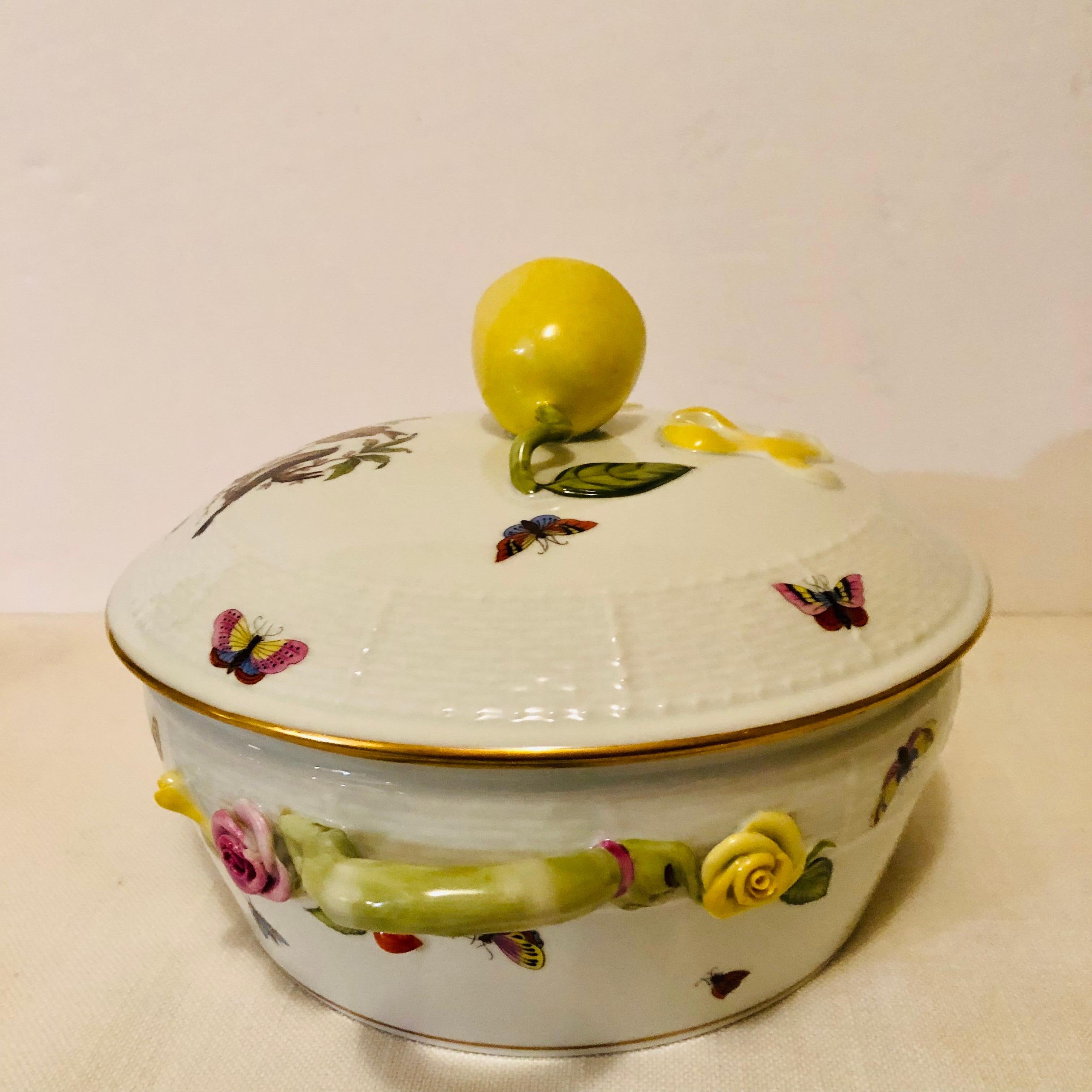 Late 20th Century Hand Painted Herend Rothschild Bird Covered Bowl with a Raised Lemon on the Top