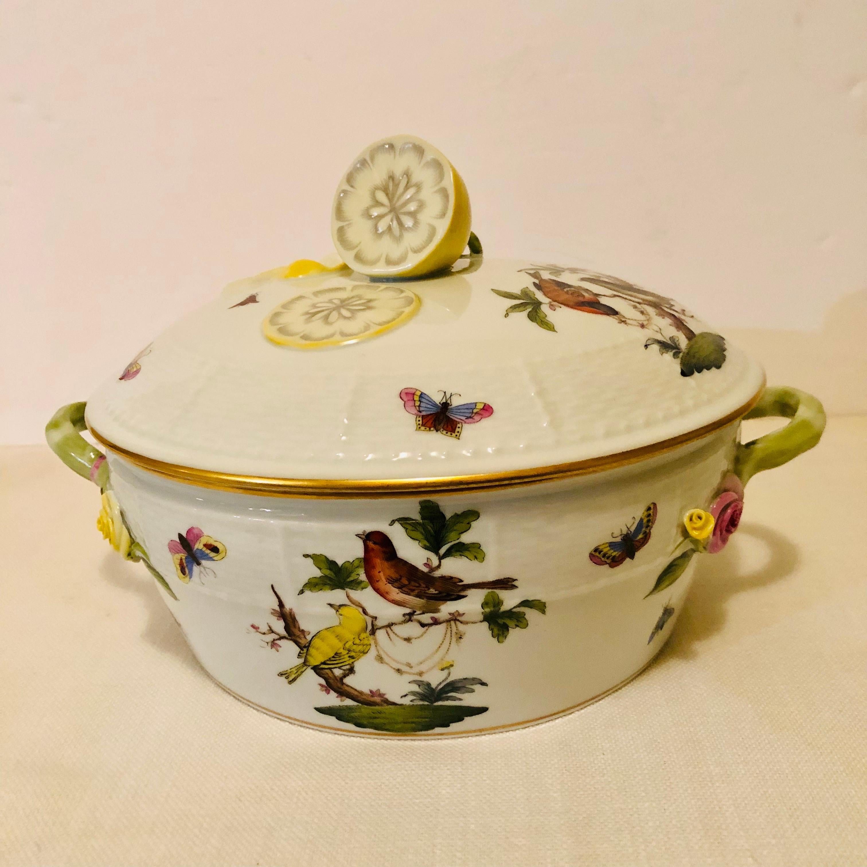 Porcelain Hand Painted Herend Rothschild Bird Covered Bowl with a Raised Lemon on the Top