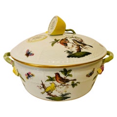 Hand Painted Herend Rothschild Bird Covered Bowl with a Raised Lemon on the Top