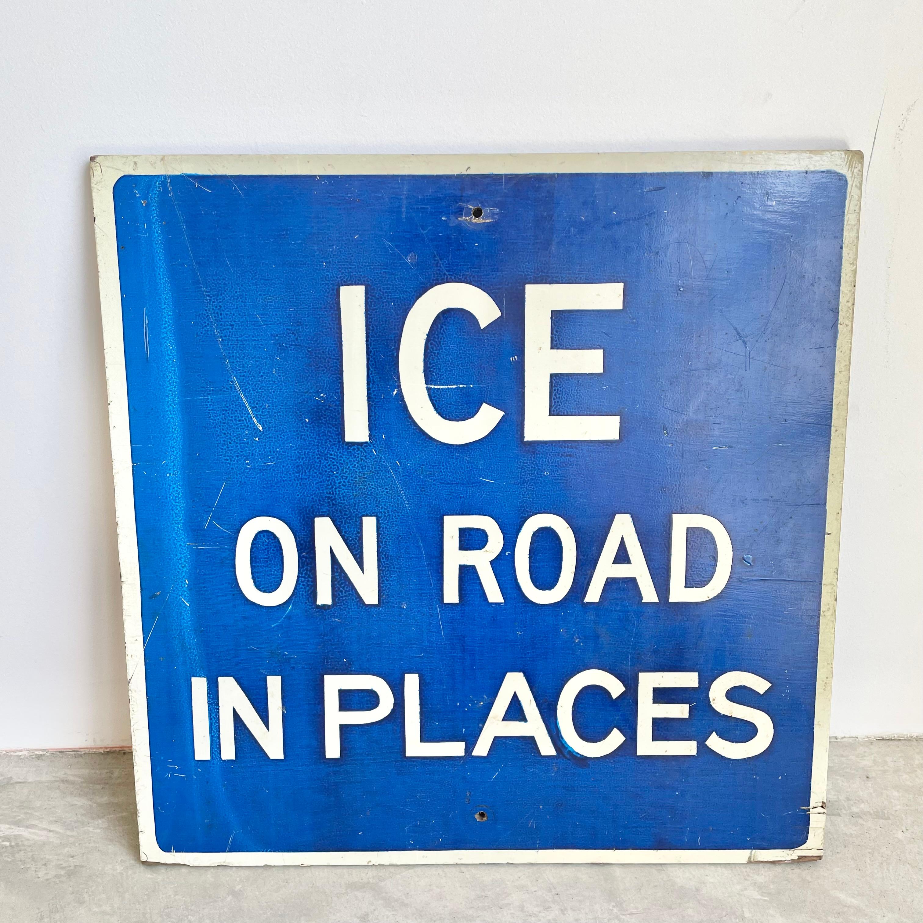Great vintage wood sign from the 1980s. Hand-painted. Deep blue background with white lettering and white border. Very good vintage condition. Perfect for a cabin or winter house. Fun piece of transportation memorabilia, fantastic coloring and age.