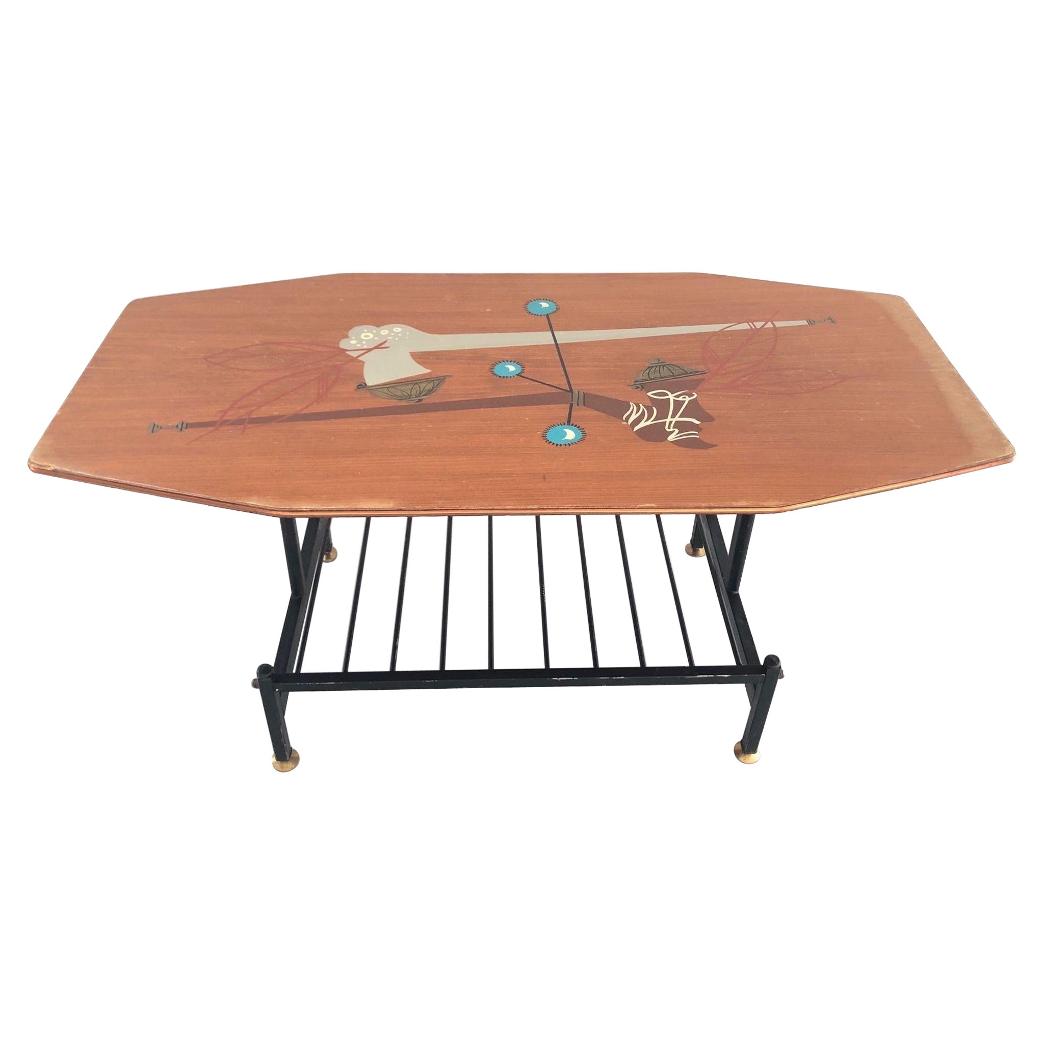 Mesa de centro o café de madera ilustrada pintada a mano, Años 50, Italia en venta