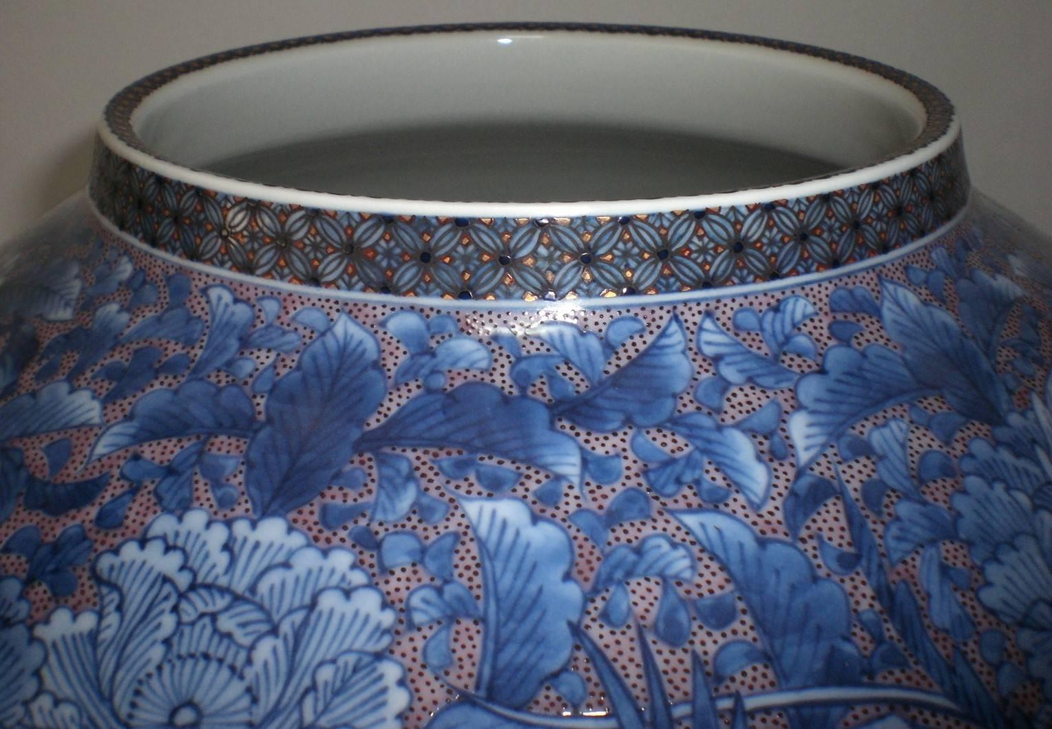 Hand-Painted Large Japanese Imari Blue Contemporary Porcelain Vase by Master Artist