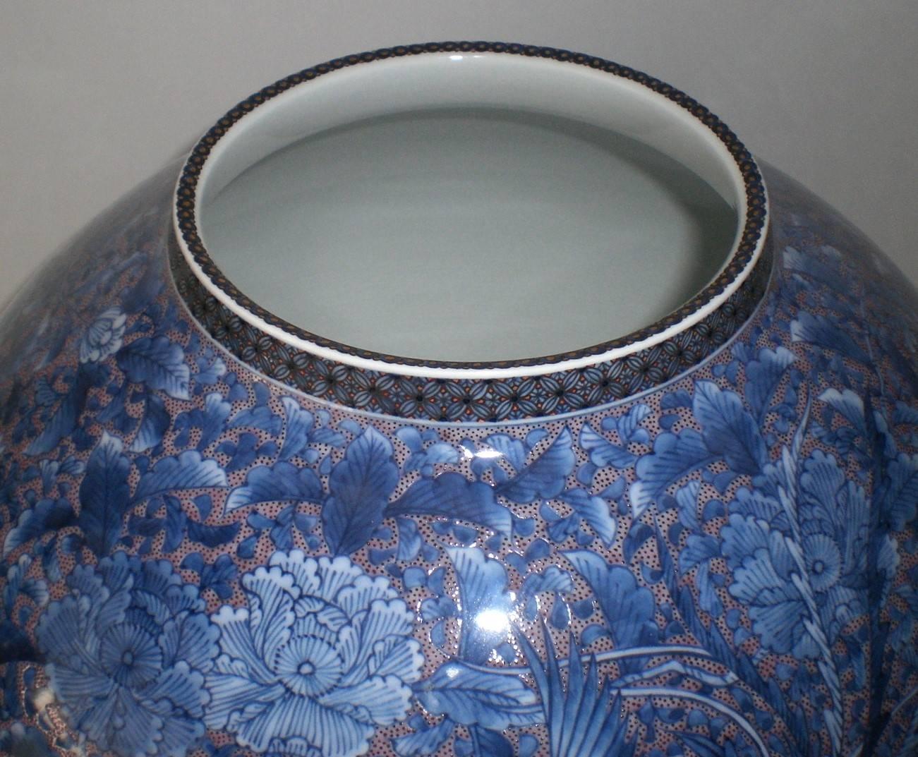 Large Japanese Imari Blue Contemporary Porcelain Vase by Master Artist 1