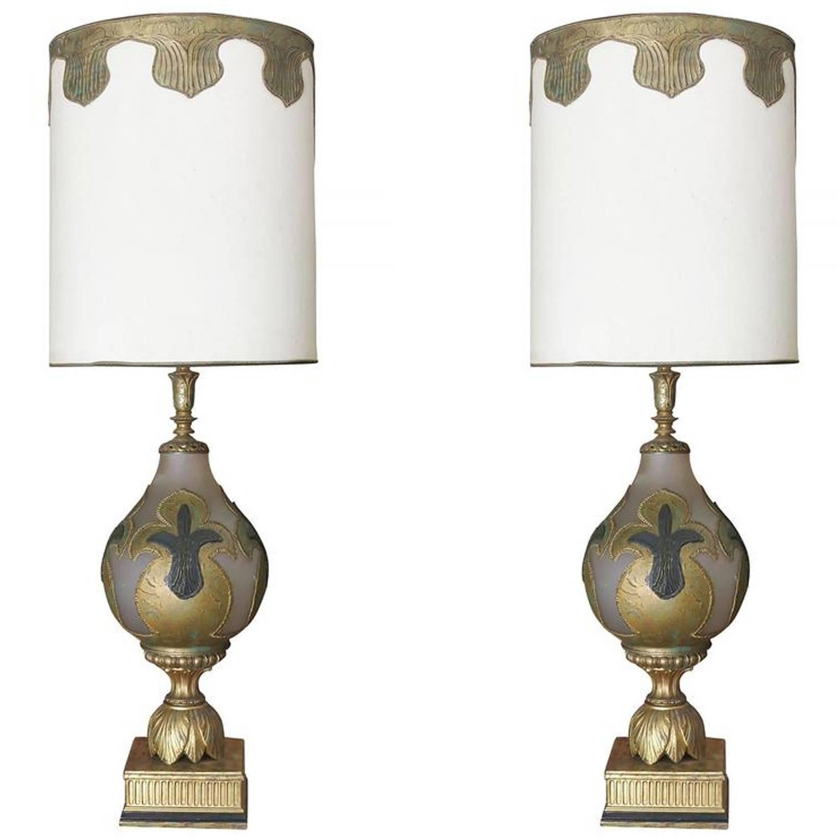 Hand Painted Impasto Frosted Glass Midcentury Table Lamp Pair with Shade For Sale 3