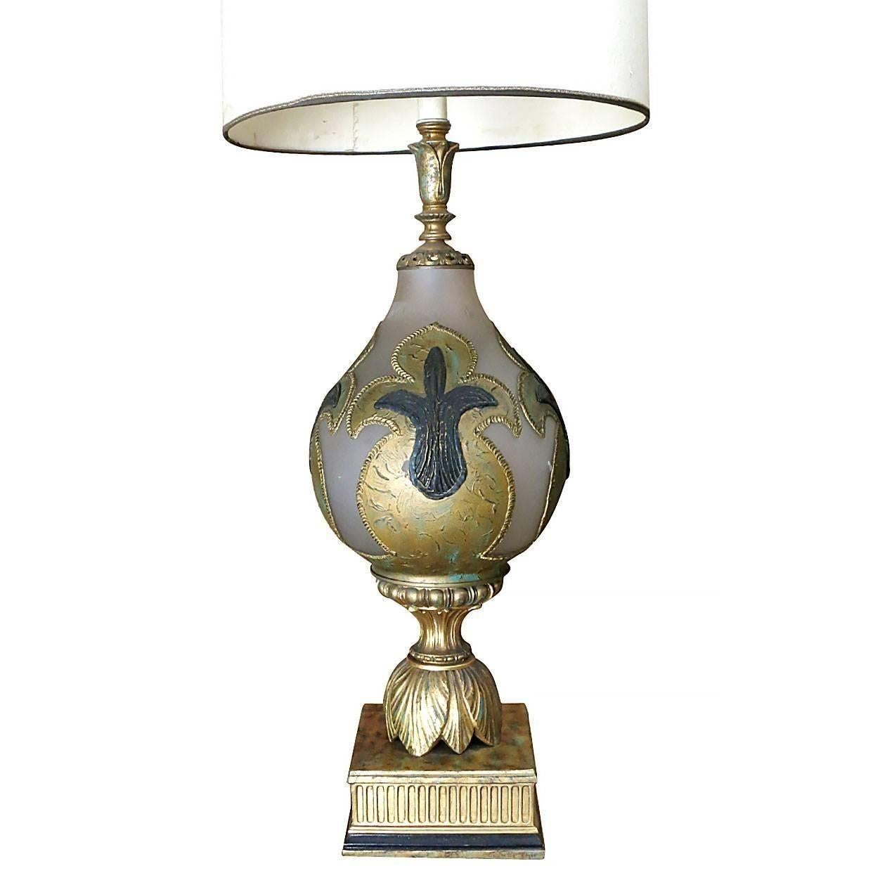 Original Mid-century hand painted frosted glass table lamp pair. The lamp features a brass Regency inspired base connecting to raised Impasto hand painted frosted glass body which ends at brass neck.

The matching original lamp-shade features the