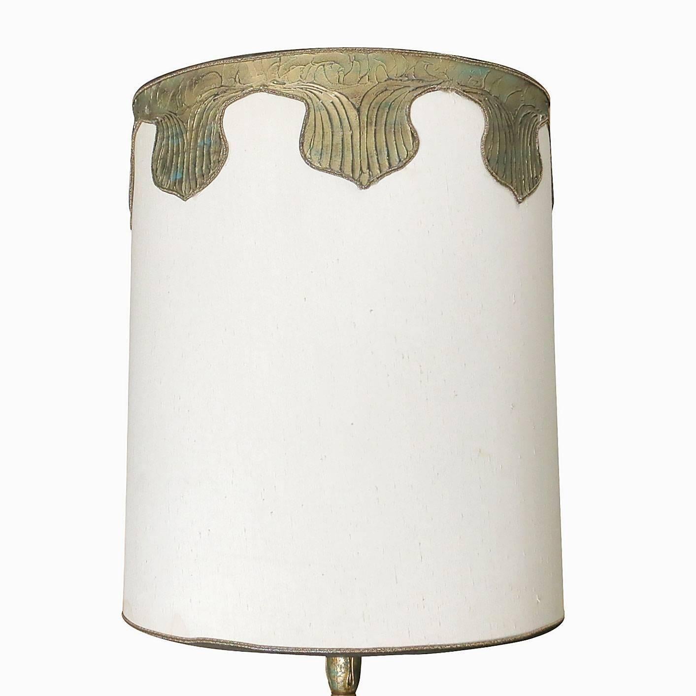 Hand Painted Impasto Frosted Glass Midcentury Table Lamp Pair with Shade For Sale 1