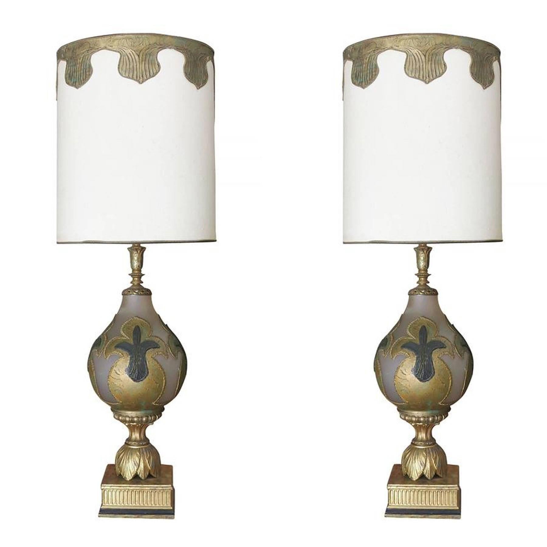 Hand Painted Impasto Frosted Glass Midcentury Table Lamp Pair with Shade For Sale 2