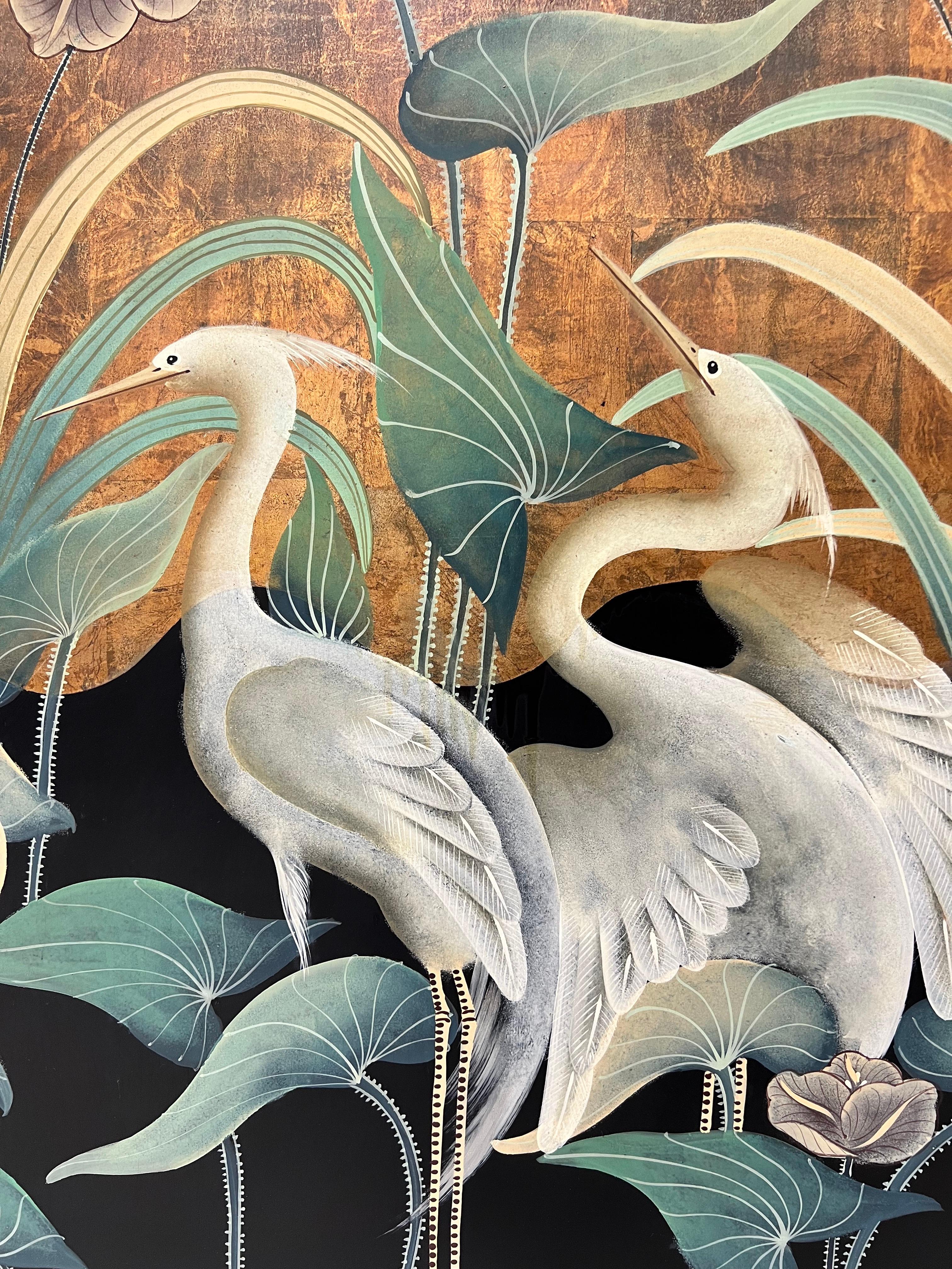 A Chinese style hand painted hanging wall panel. Untitled, (Great White Herons). Unsigned, artist unknown. Hand painted great white herons and florals on a wood panel with decorative black lacquered wood panel framing forming a single piece. Made in
