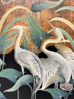 Hand Painted in Hong Kong Chinese Style Hanging Wall Panel - Great White Herons