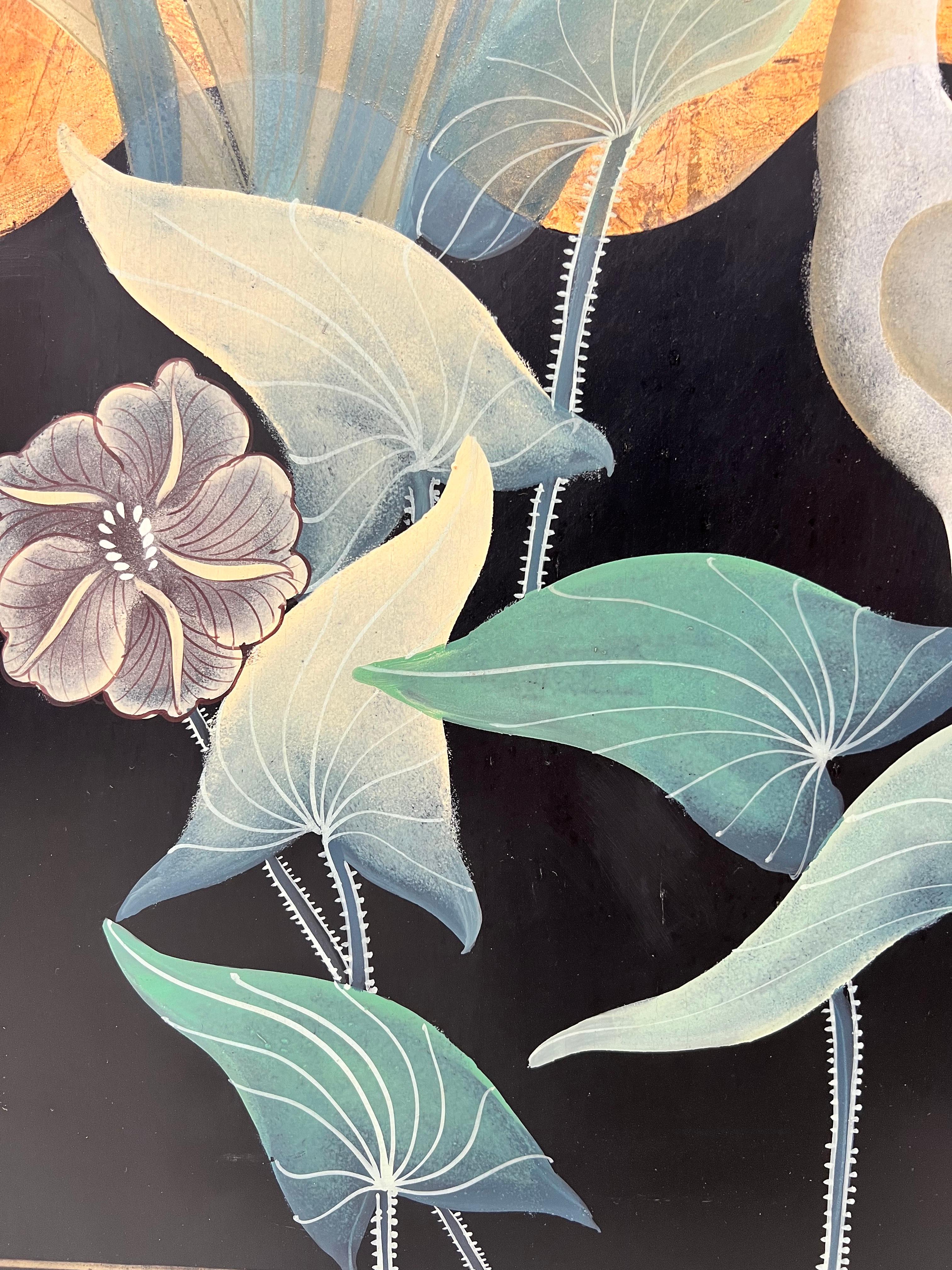 Handbemalte Hänge-Wandtafel im chinesischen Stil aus Hongkong im chinesischen Stil - Große weiße Herons im Zustand „Gut“ im Angebot in Charlotte, NC