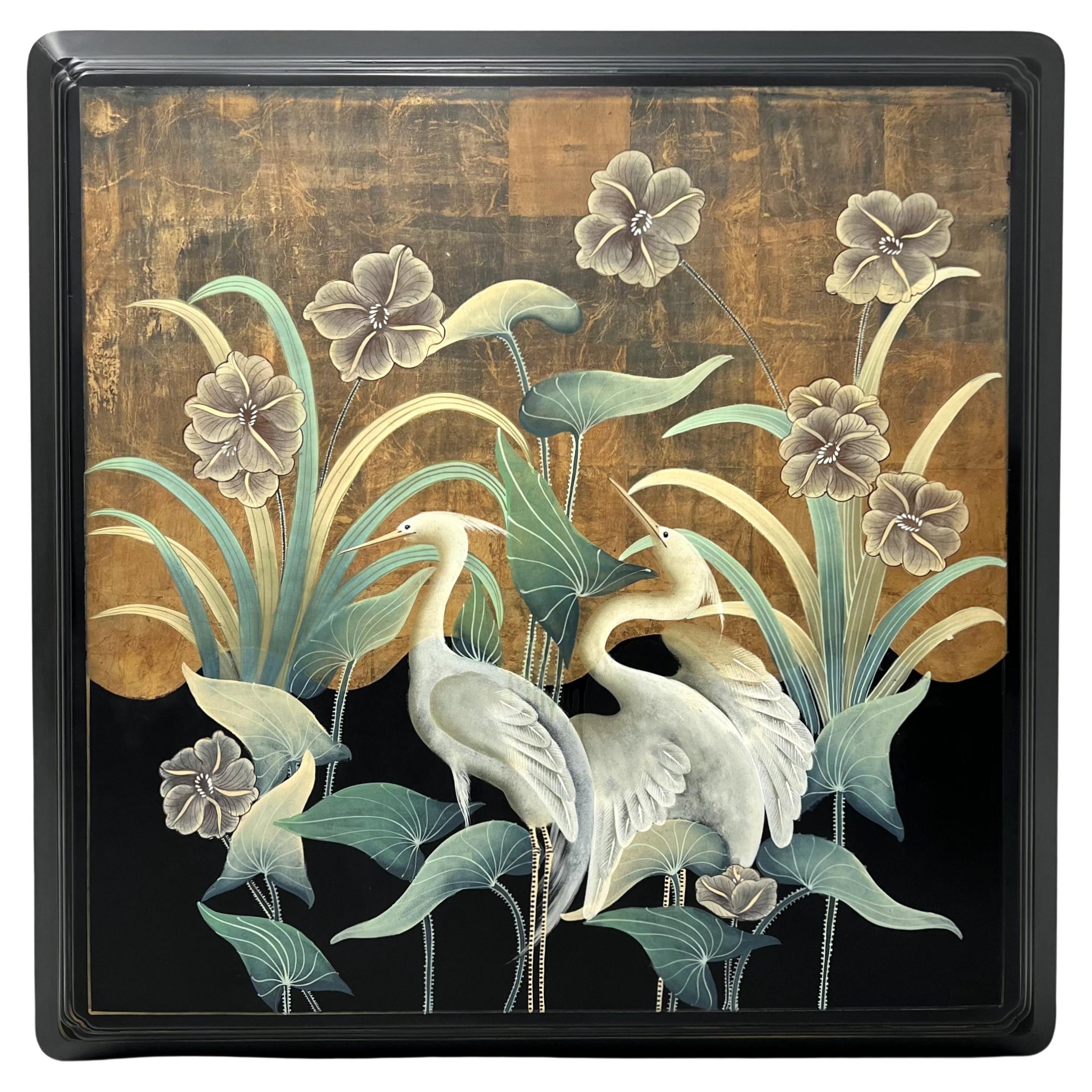 Hand Painted in Hong Kong Chinese Style Hanging Wall Panel - Great White Herons For Sale