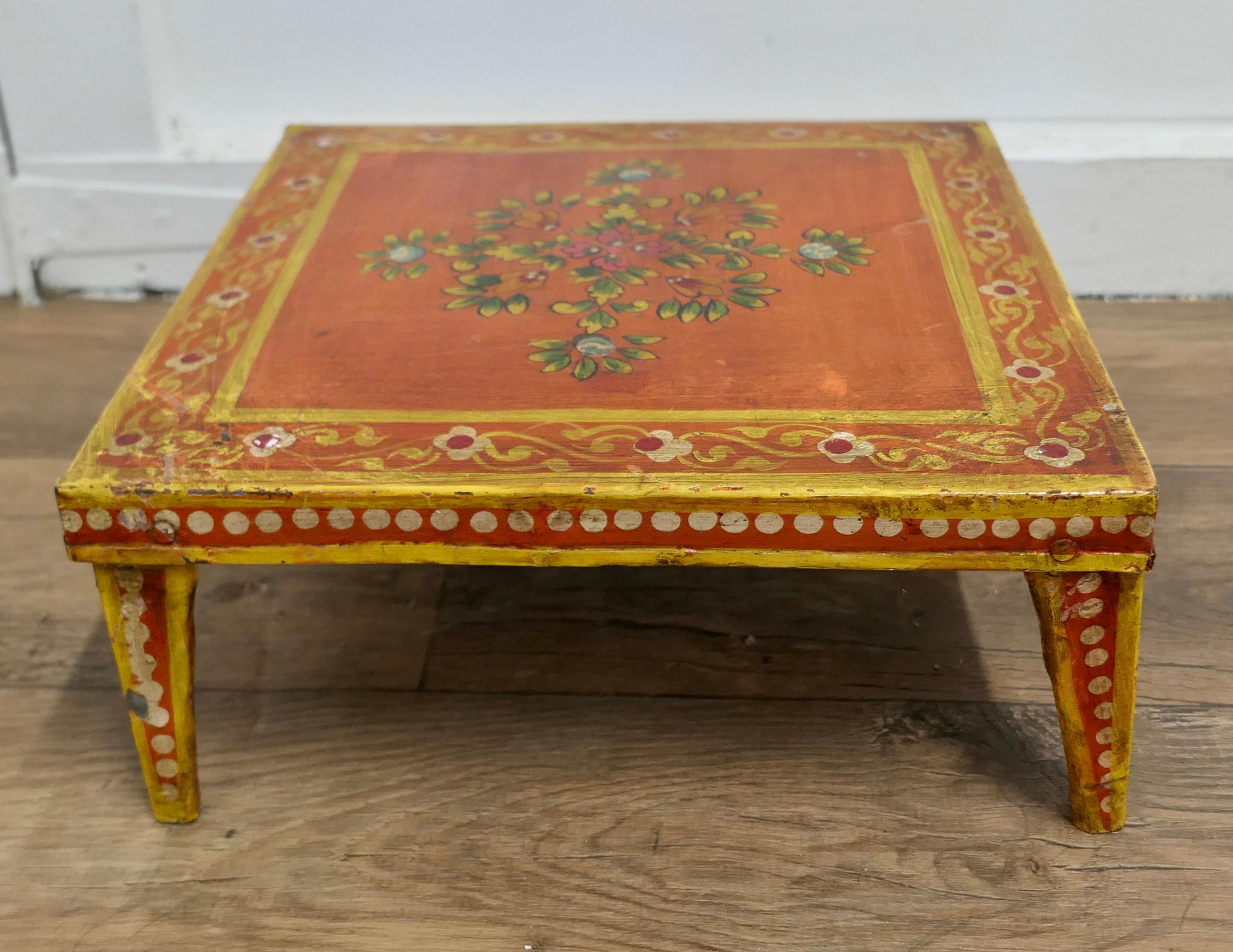 Tin Hand Painted Indian Folk Art Stand or Low Table For Sale