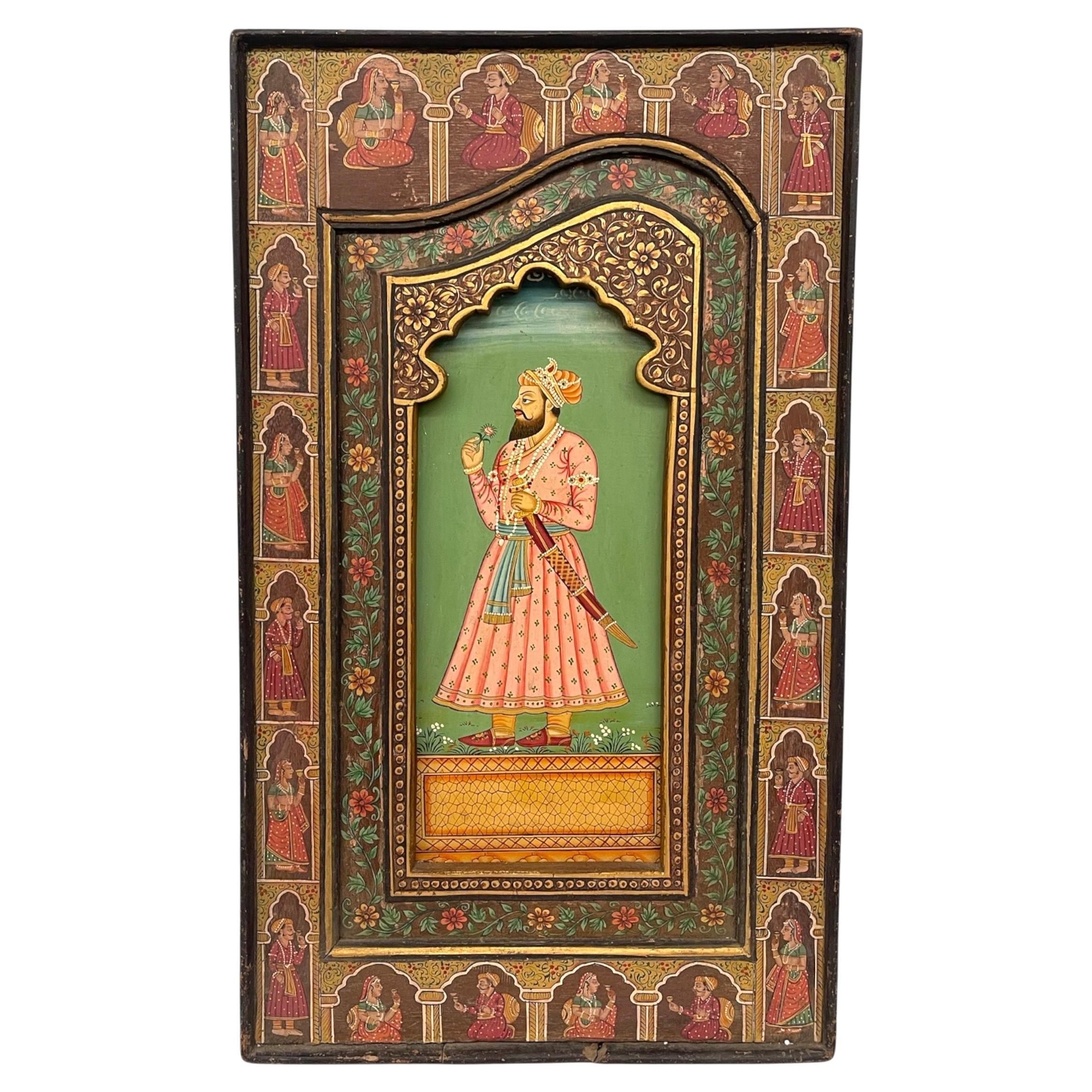 Pannello ritratto indiano in stile Mughal dipinto a mano su Wood