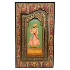 Pannello ritratto indiano in stile Mughal dipinto a mano su Wood