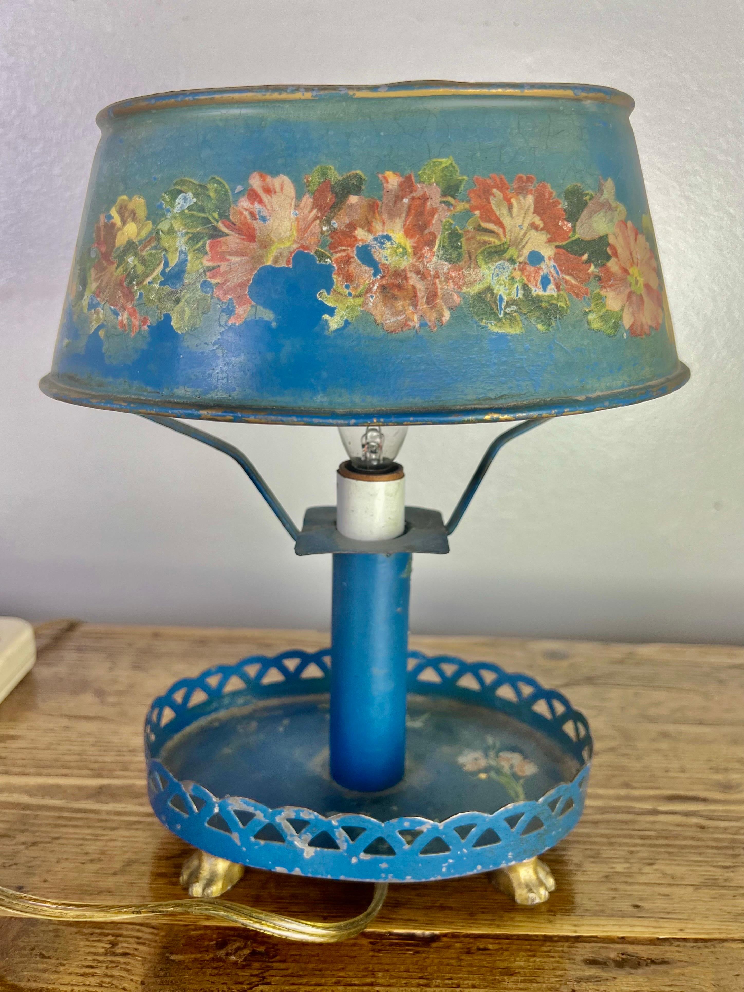 Metal Hand Painted Italian Blue Tole Lamp with Shade For Sale