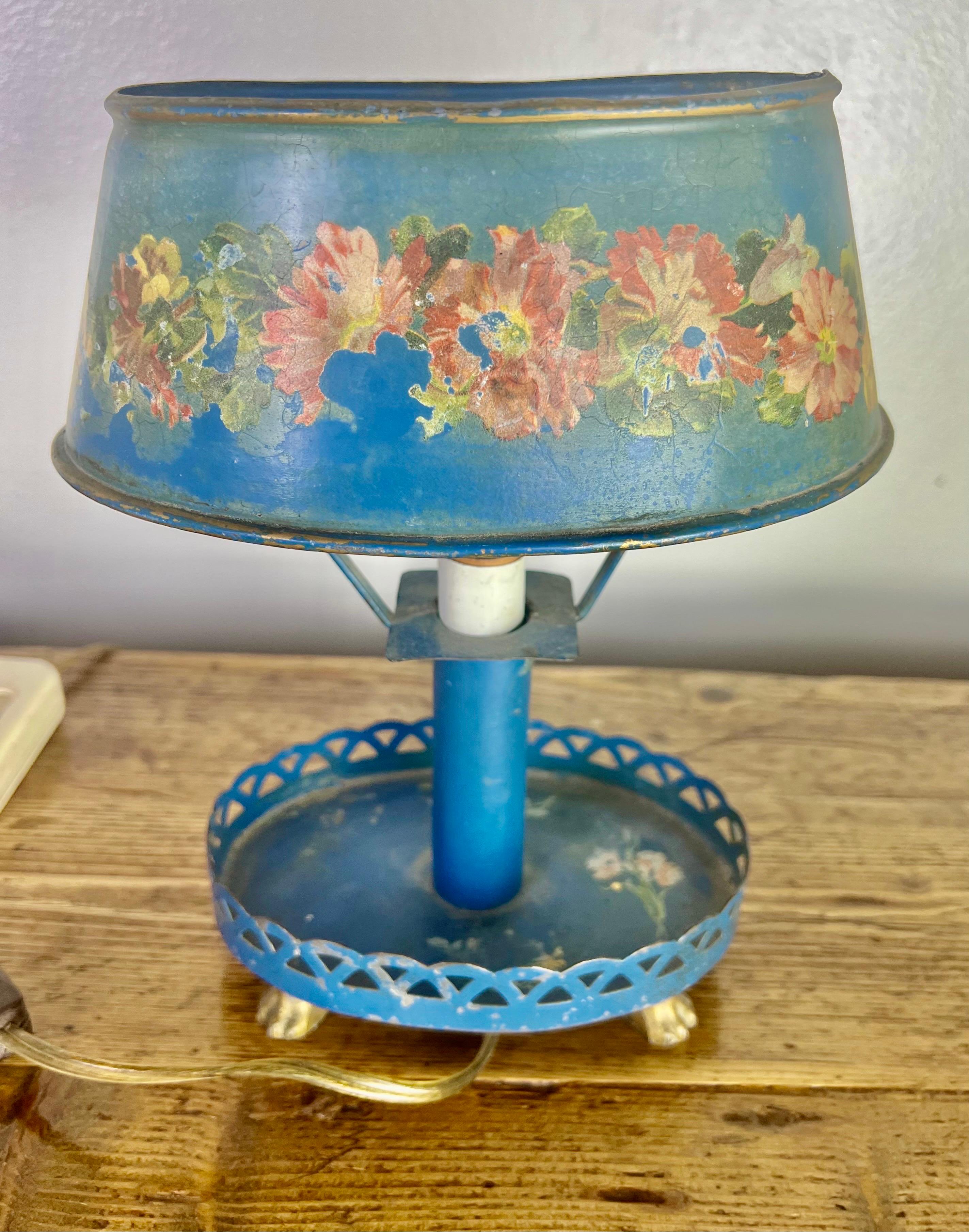 Hand Painted Italian Blue Tole Lamp with Shade For Sale 1