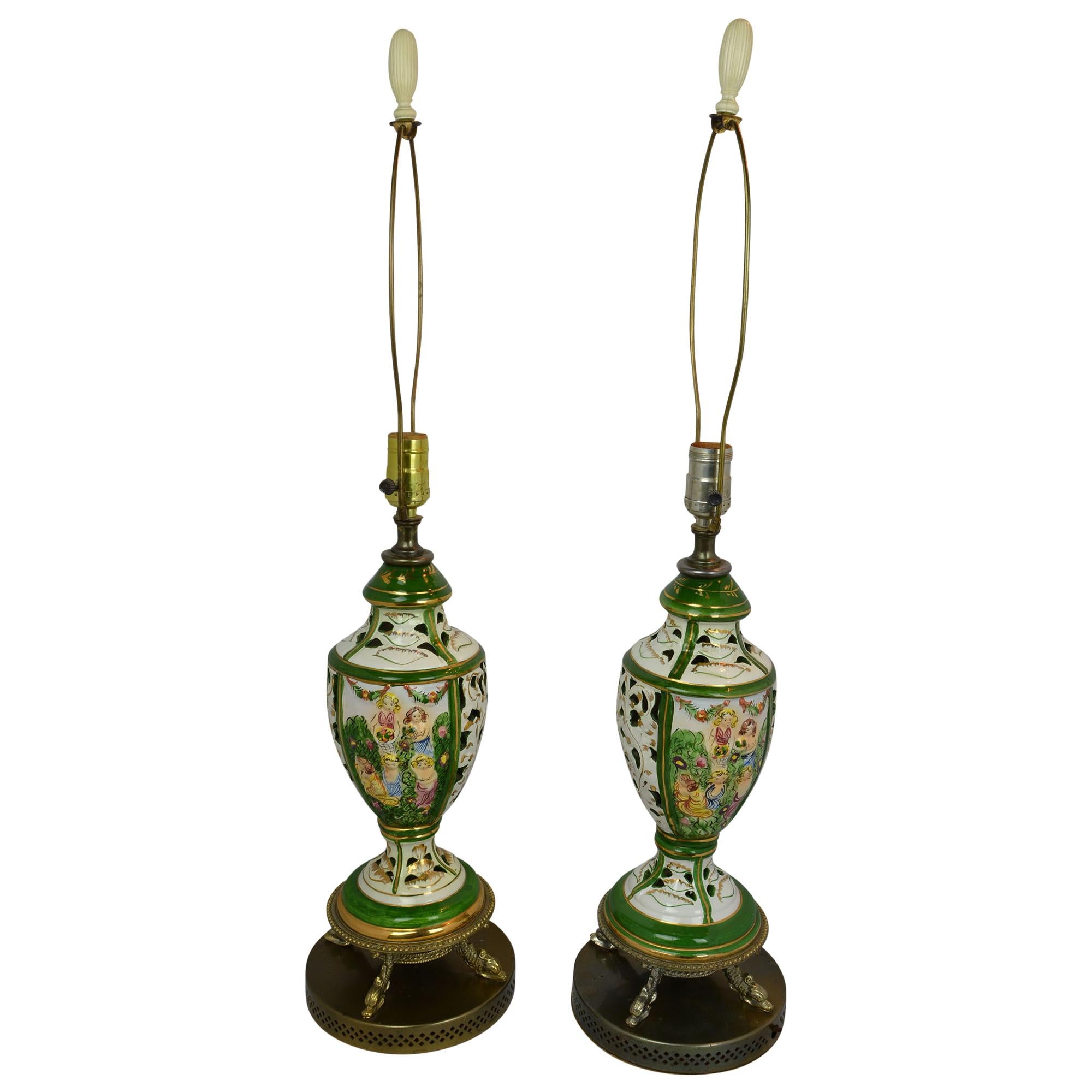 Hand-Painted Italian Capo Di Monte Lamps, Pair 4