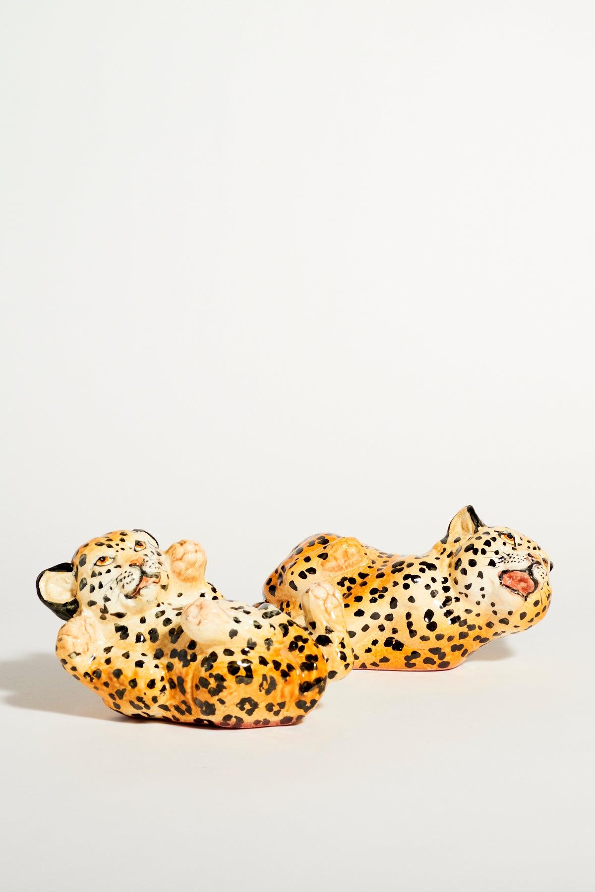 Hand Painted Italian ceramic leopard cub set of two.