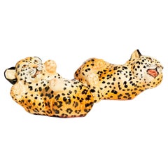 Hand Painted Italian Ceramic Leopard Cub Set of Two