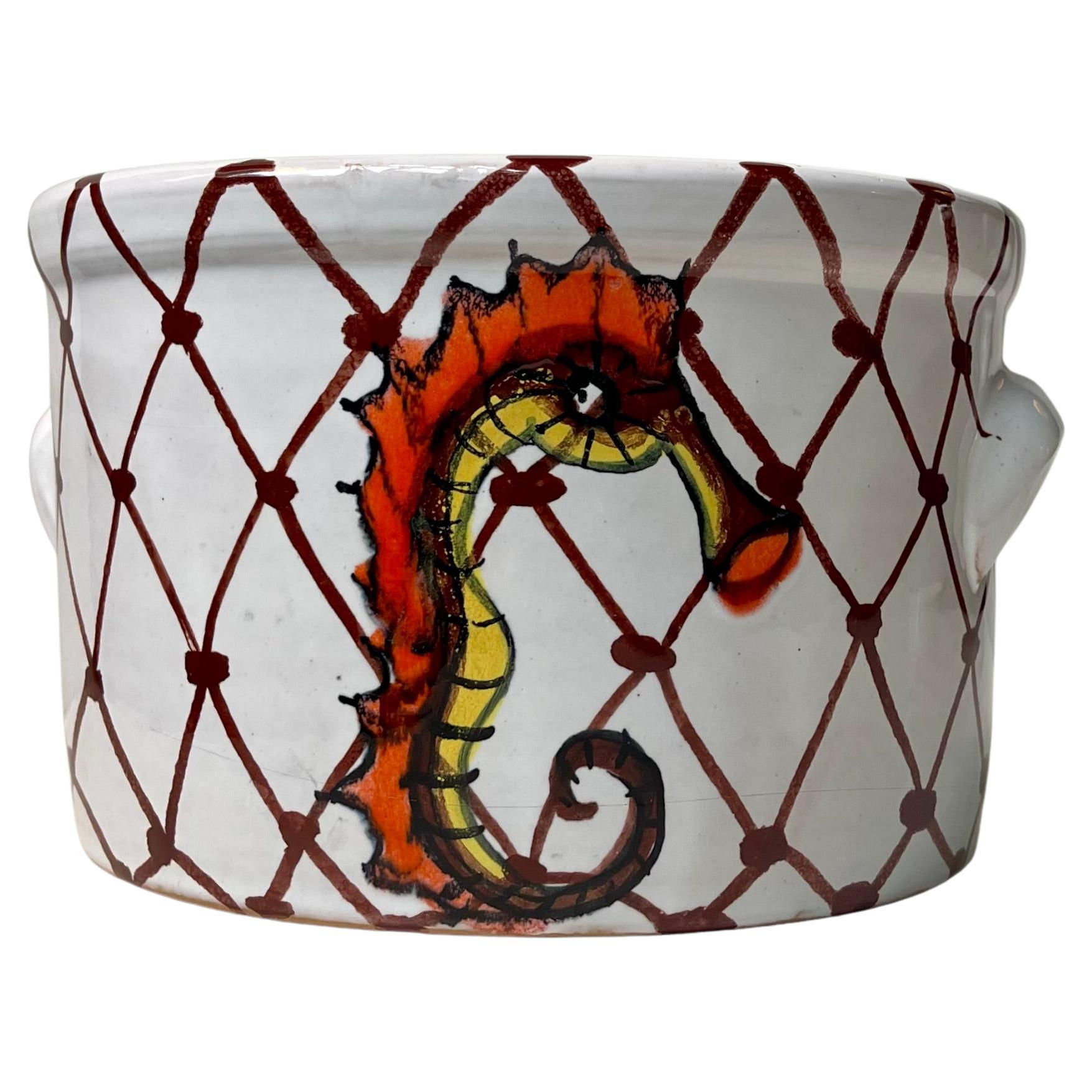 Hand-Painted Italian Ceramic Planter w. Seahorse, in the style of Guido Gambone For Sale
