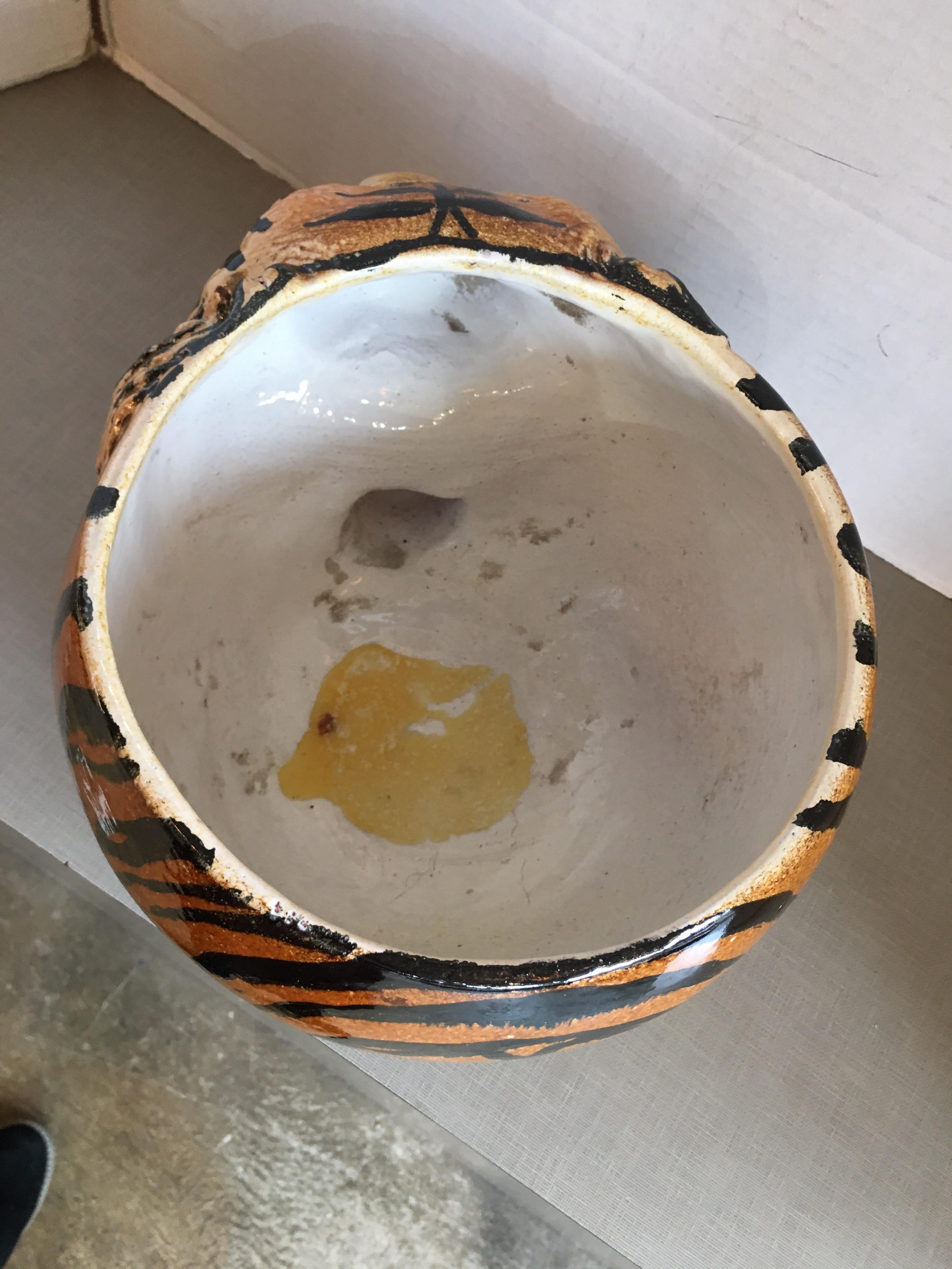 Hand Painted Italian Ceramic Tiger Planter In Good Condition In Winnetka, IL