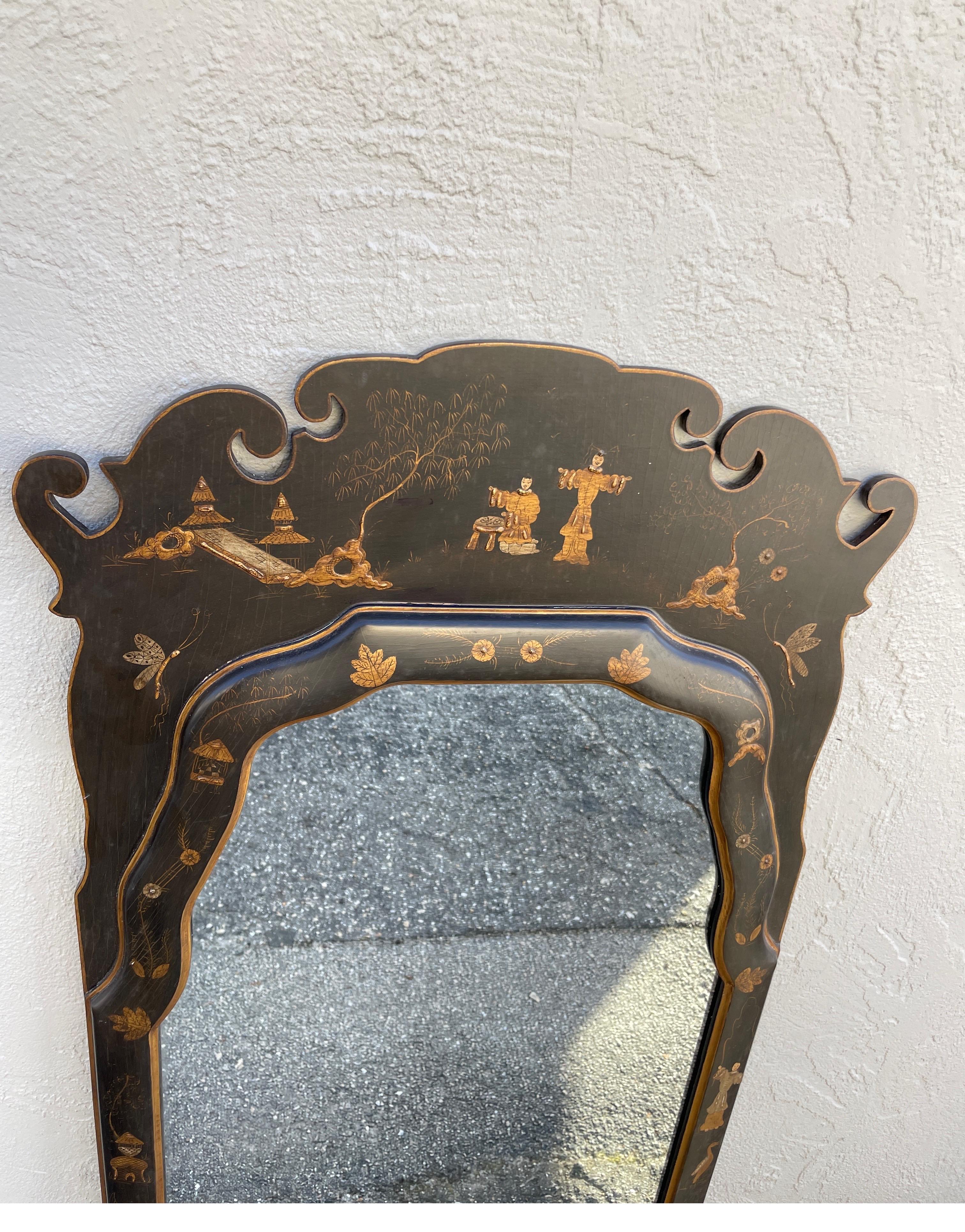 Hand Painted Italian Chinoiserie Black & Gold Mirror In Good Condition For Sale In West Palm Beach, FL