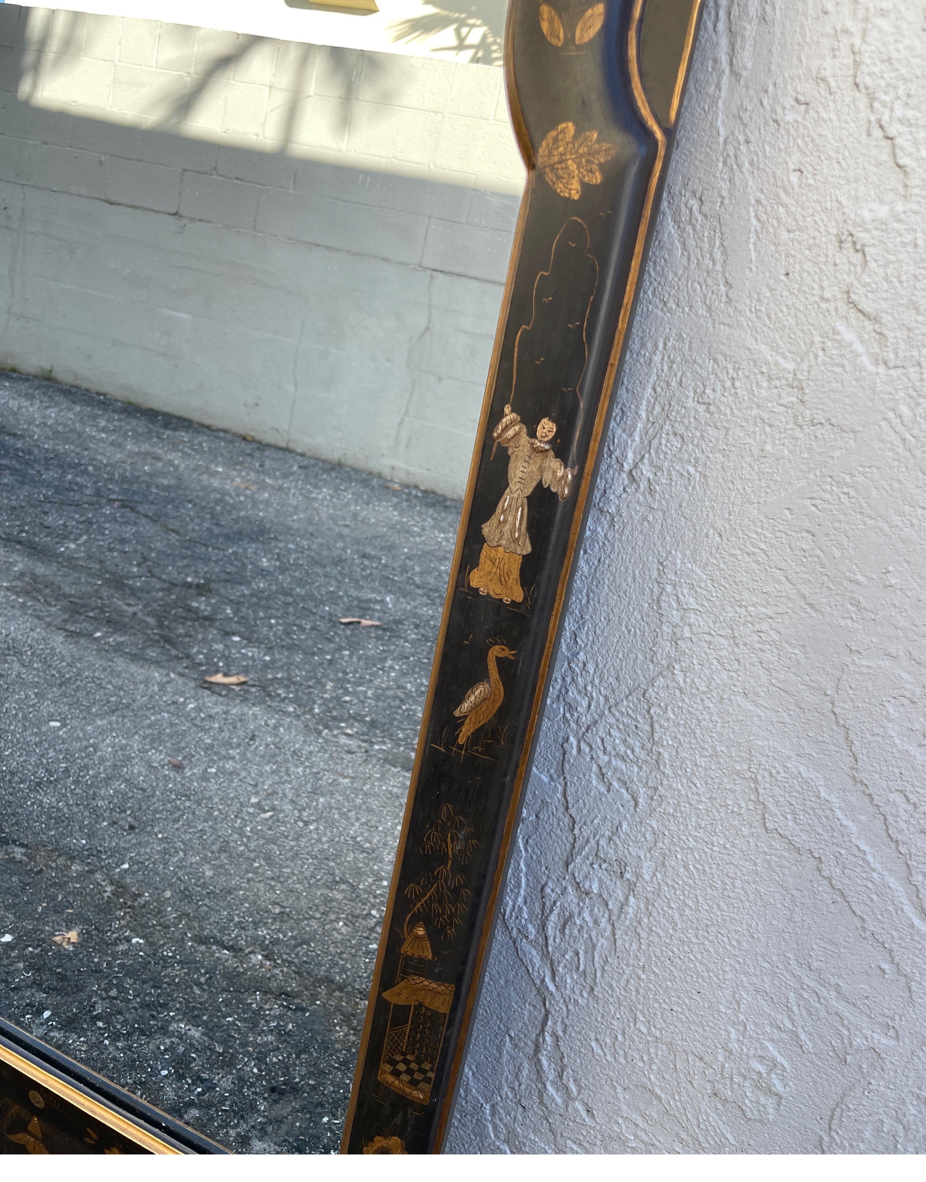 Wood Hand Painted Italian Chinoiserie Black & Gold Mirror For Sale