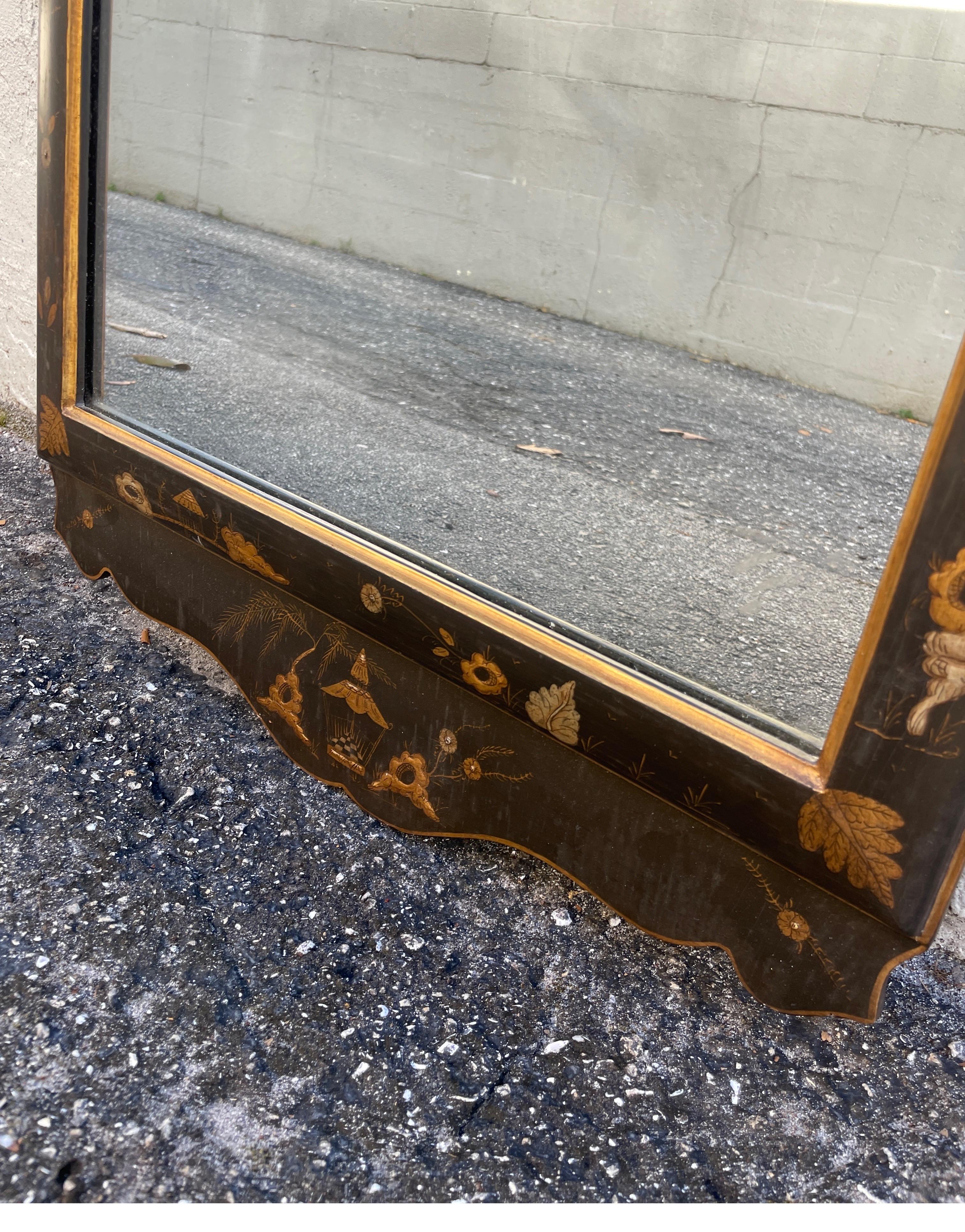 Hand Painted Italian Chinoiserie Black & Gold Mirror For Sale 1