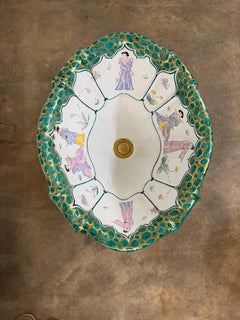 Lavabo su piedistallo in porcellana italiana in stile chinoiserie dipinto a mano da Sherle Wagner