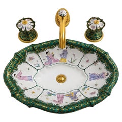 Handbemaltes italienisches Porzellan-Waschbecken im Chinoiserie-Stil mit Wasserhahn von Sherle Wagner