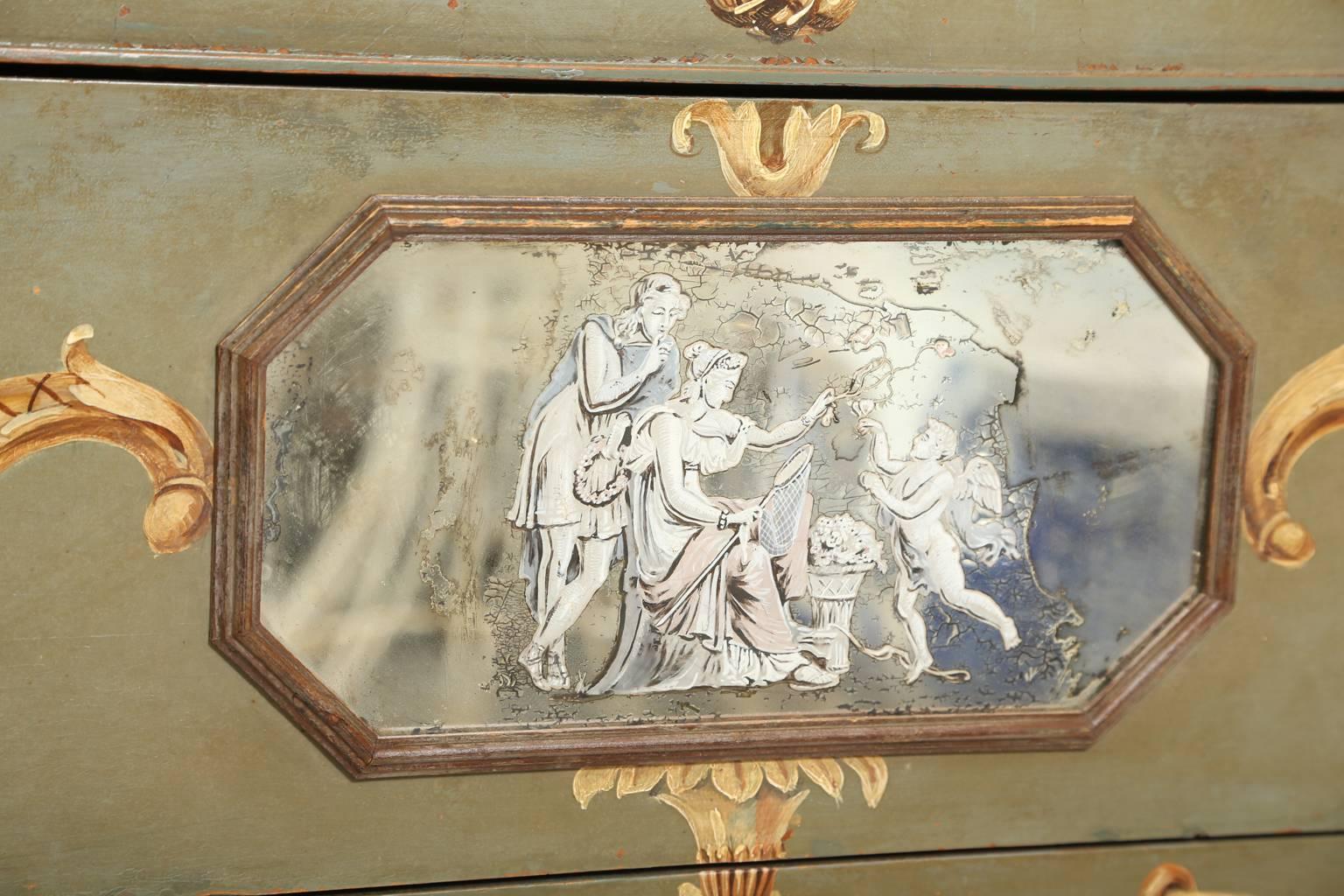 Neoclassical Hand-Painted Italian Commode with Églomisé Plaque
