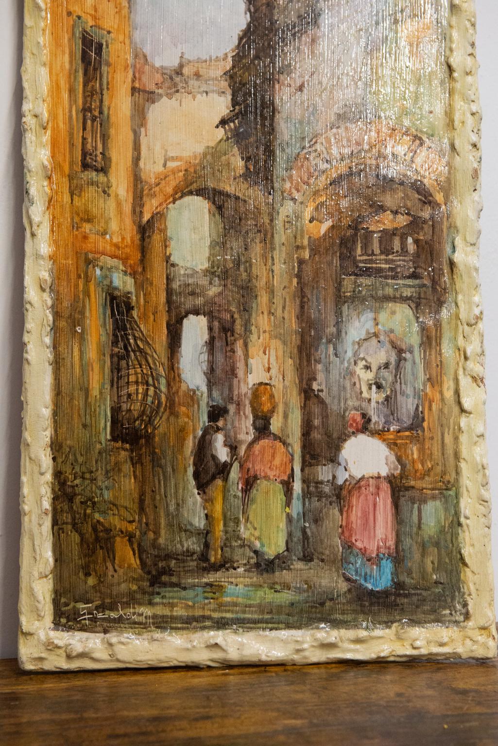 Expressionist Hand Painted Ceramic  Italian Landscape Panel For Sale