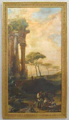 Paysage italien peint à la main, style Napoléon III, fin du XXe siècle