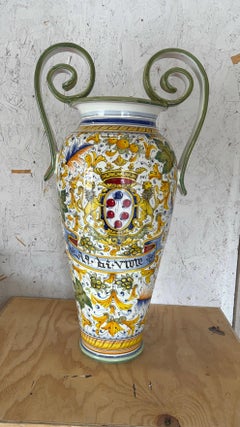Hand-Painted Italian Majolica Ceramic Amphora Floor Vase with Caffagiolo Pattern