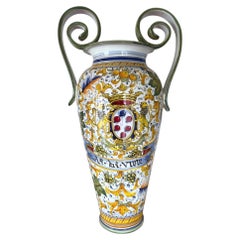 Hand-Painted Italian Majolica Ceramic Amphora Floor Vase with Caffagiolo Pattern
