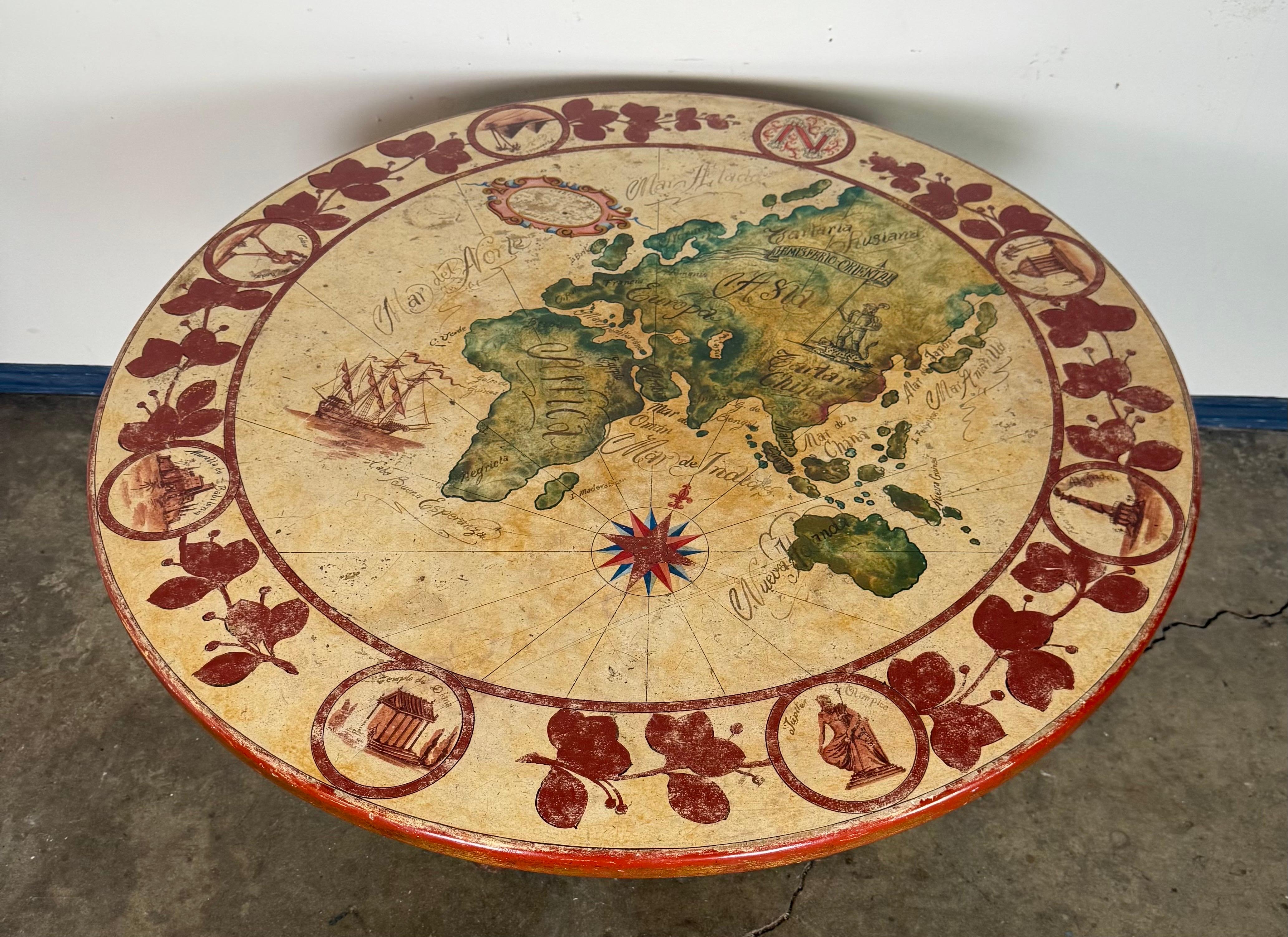 Baroque Hand-Painted Italian Map Center Table, circa 1940s For Sale