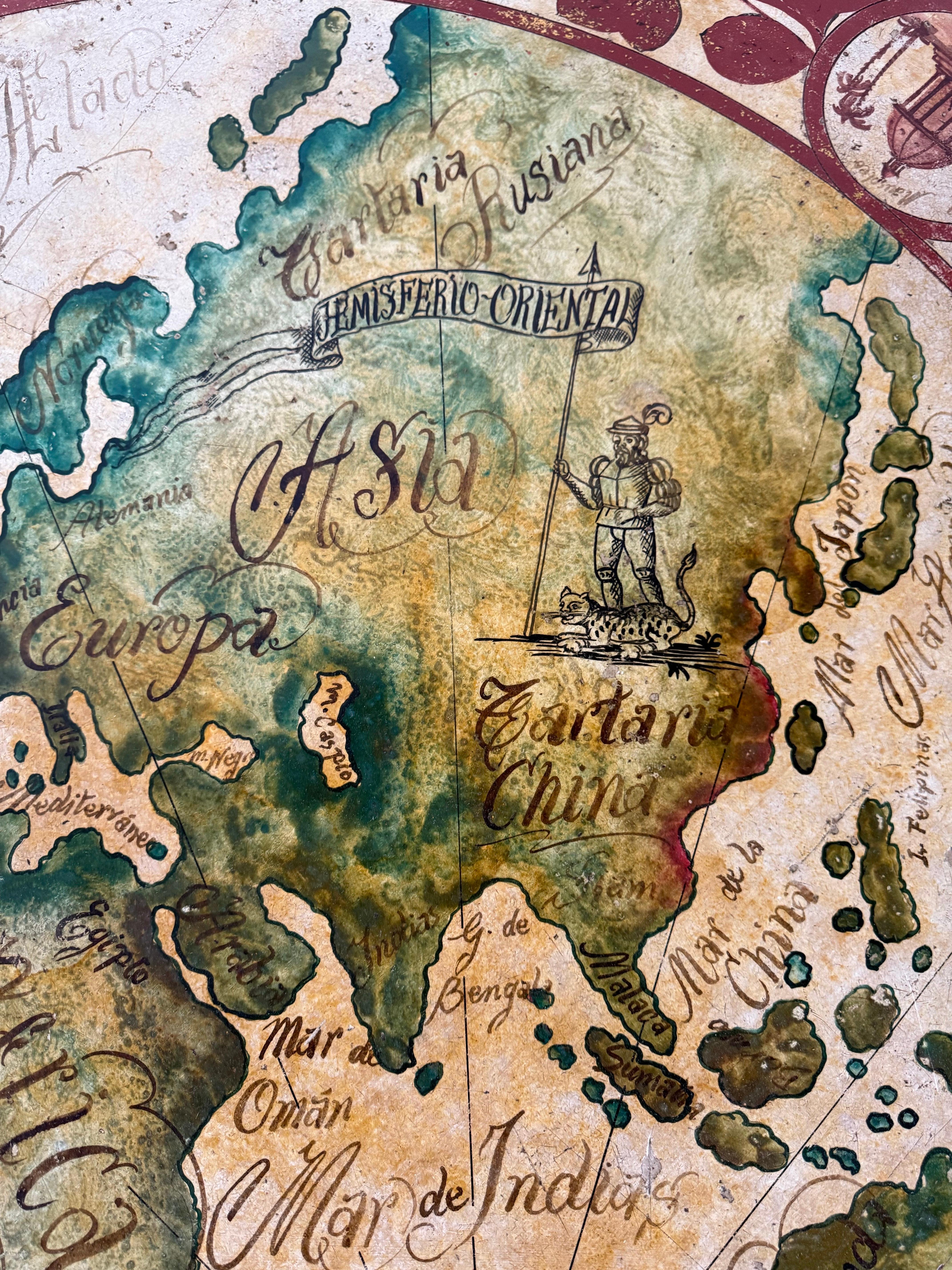 Hand-Painted Italian Map Center Table, circa 1940s In Distressed Condition For Sale In Los Angeles, CA