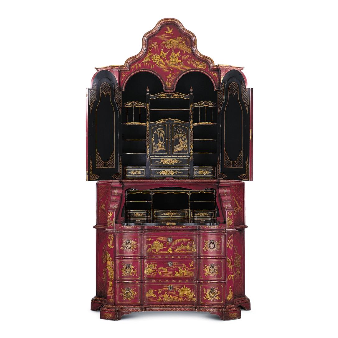 Exquisite Italian Chinoiserie Painted Secretaire, inspired in XVIII Century Italian Secretaire. This piece is hand painted chinoiserie with landscape and scenery on front and sides. It has 2 pieces, the top piece has doors and when open you can find