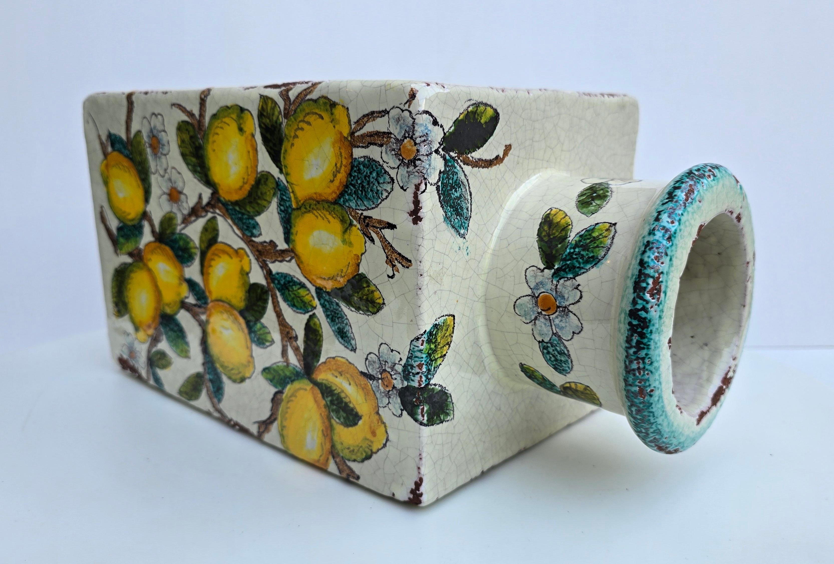 Jarrón italiano de terracota pintado a mano con limones y flores en venta 7