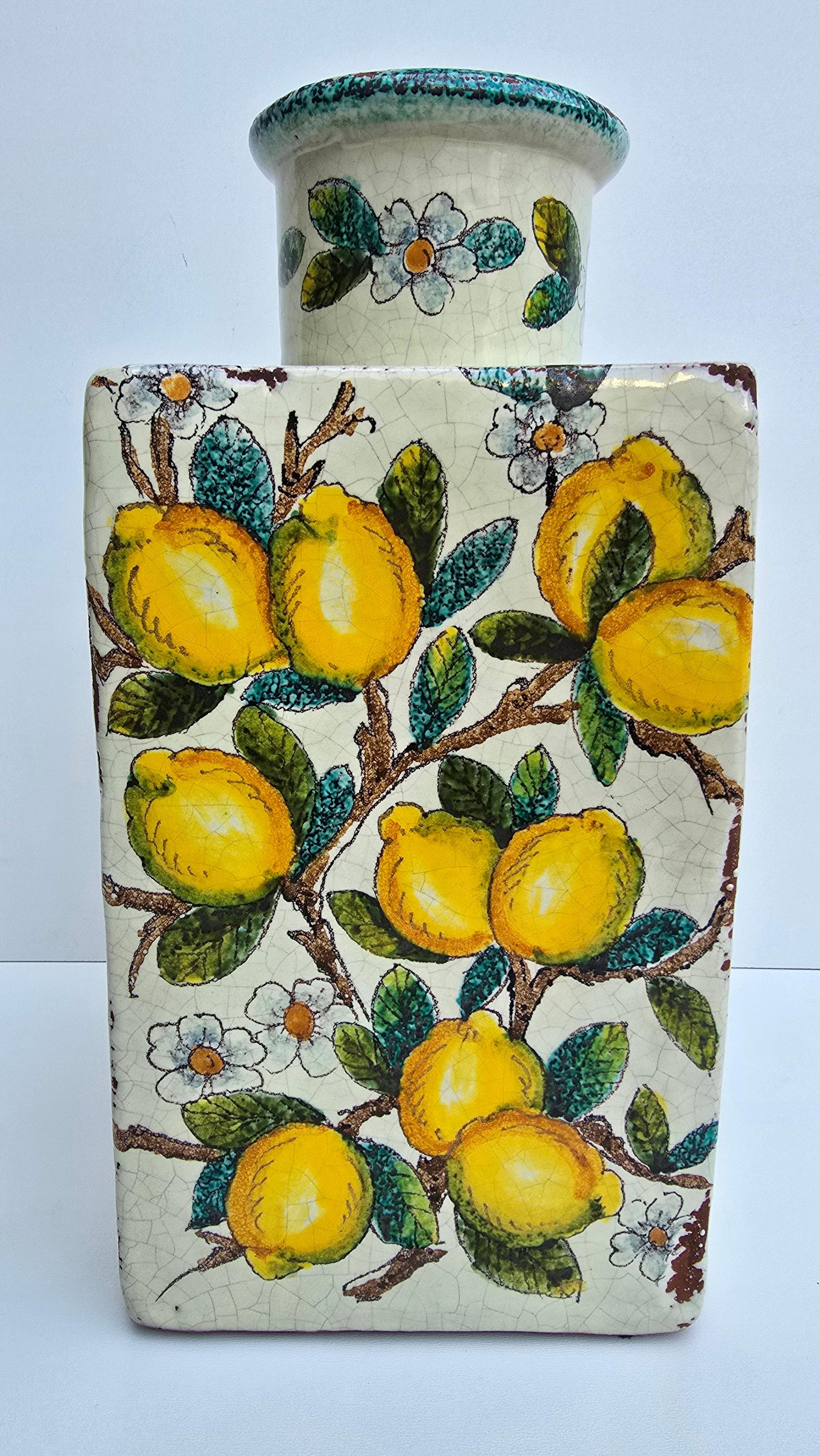 Hand-Painted Italian Terracotta Vase with Lemons and Blossoms, Vintage, 20th Century

A beautifully crafted hand-painted terracotta vase, likely originating from Southern Italy, evoking the charm and warmth of the Mediterranean coast. This