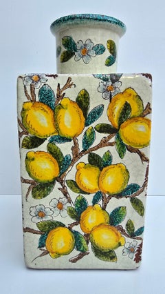 Hand-Painted Italian Terracotta Vase with Lemons and Blossoms