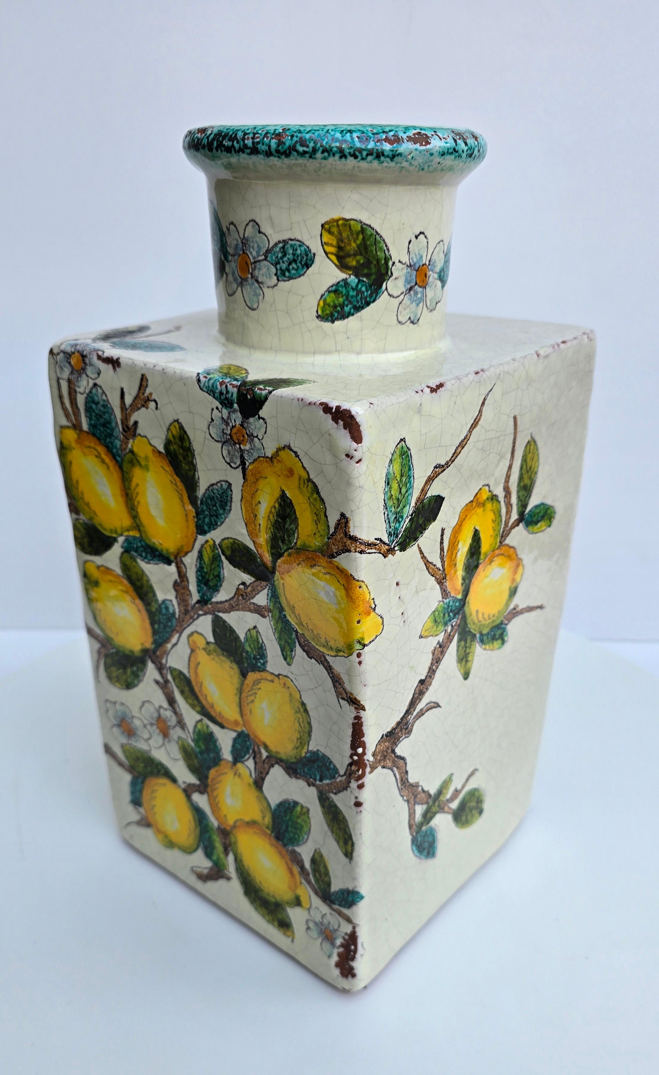 Jarrón italiano de terracota pintado a mano con limones y flores Italiano en venta