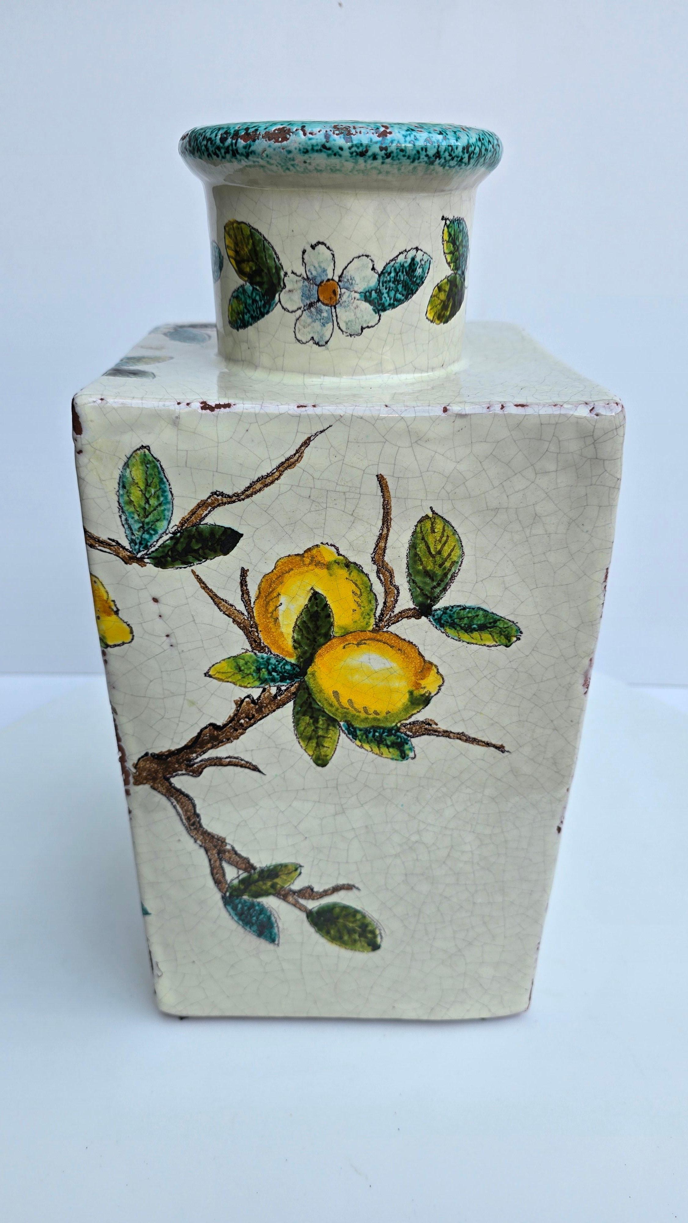 Jarrón italiano de terracota pintado a mano con limones y flores Terracota en venta
