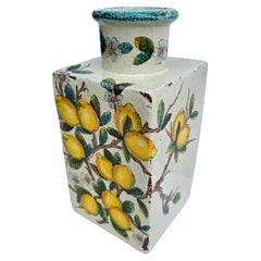 Hand-Painted Italian Terracotta Vase with Lemons and Blossoms