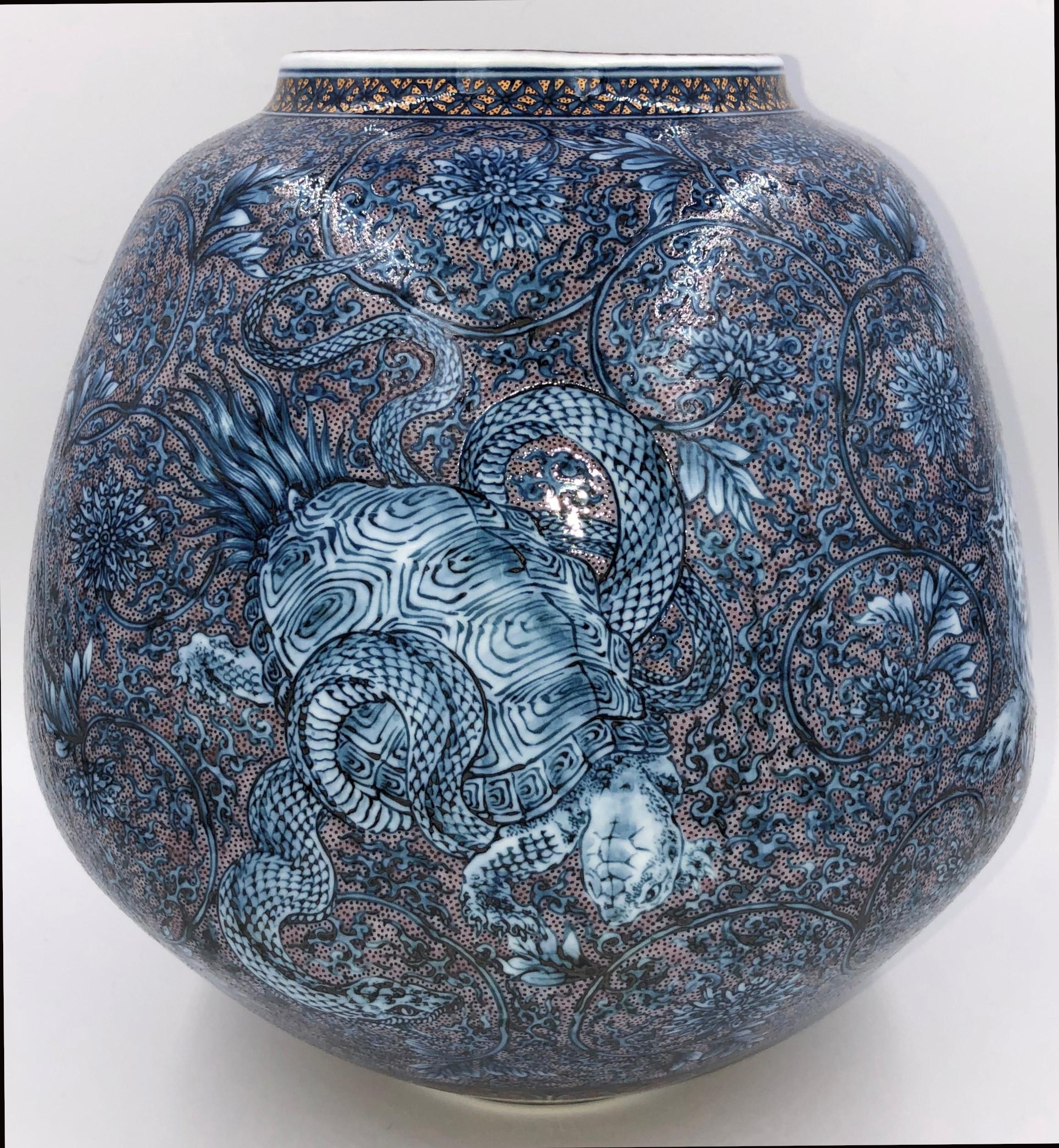 Outstanding Japanese contemporary museum quality highly detailed, extremely intricately hand painted porcelain vase, showcasing the four auspicious creatures of Chinese mythology said to be the guardians of the four points of the compass. The vase