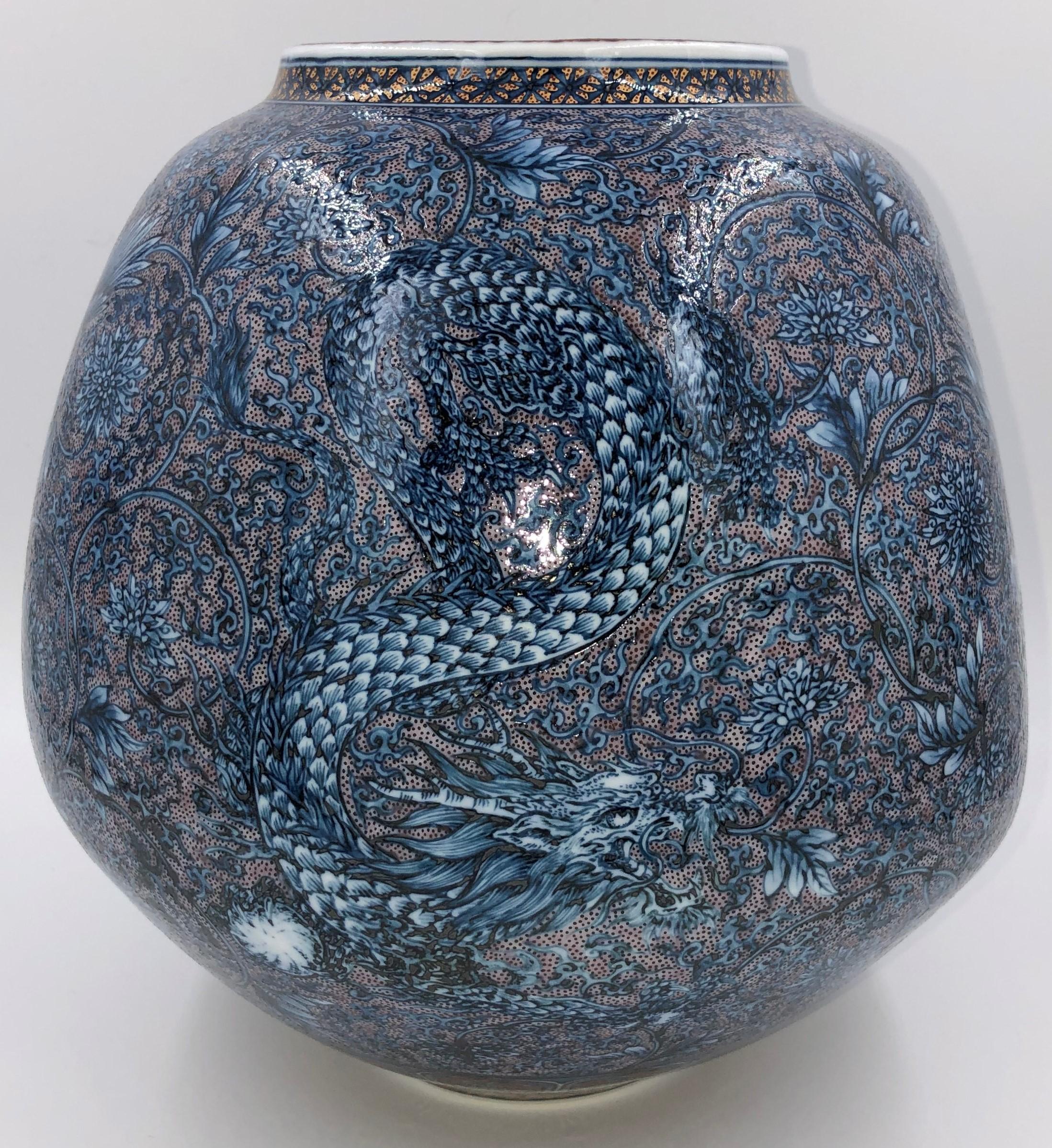 Hand-Painted Hand Painted Japanese Blue Porcelain Vase by Contemporary Master Artist Duo