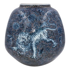 Hand Painted Japanese Blue Porcelain Vase by Contemporary Master Artist Duo